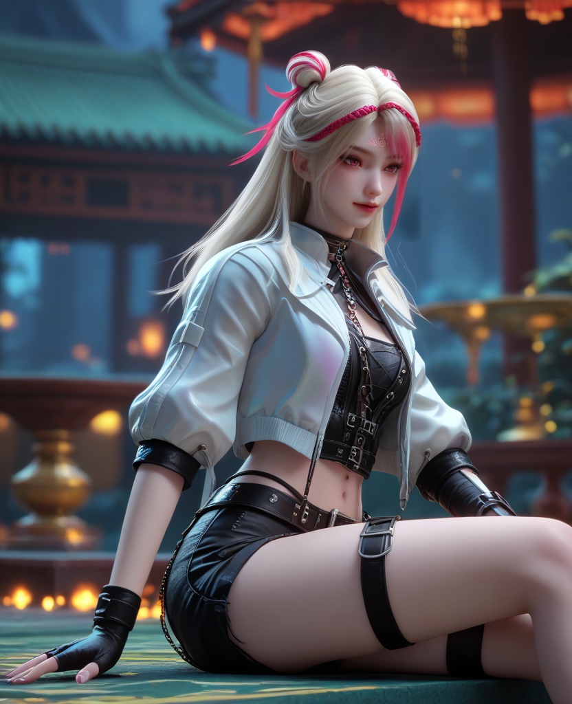 (oriental architecture, elegant decor, sophisticated style:1.1),(Sitting, legs folded to one side, hands resting on the knees,:1.1),(breasts:1.2),<lora:XL16克金玩家苏晓晓:0.95>,miss suxiaoxiao,white cropped jacket,black corset,pink eyes,forehead mark,double bun with long cascading hair,white hair,streaked hair,braid,black shorts,black fingerless gloves,thigh strap,single thighhigh,, score_9,score_8_up,score_7_up,score_6_up,score_5_up,score_4_up,3d rendering,tag1,tag2, Cinematic Lighting,backlighting,, zPDXL3, zPDXL2,zPDXL, zPDXLxxx, zPDXLrl,