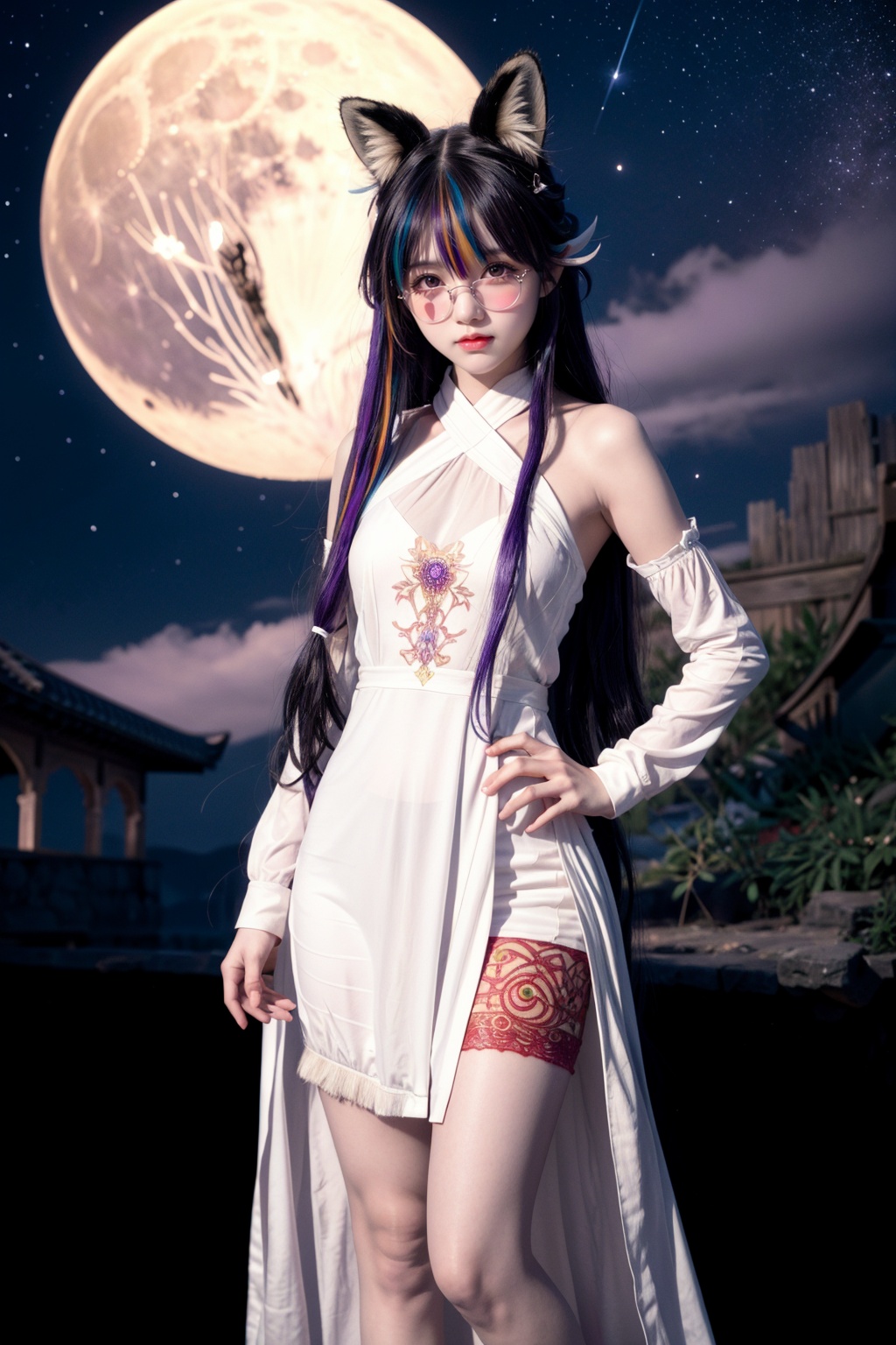(very long hair:1.53),(bangs:1.83),(hair over one eyes:1.83),(multicolored hair:1.53),green hair,red hair,(glasses:1.35),flower,best quality,masterpiece,moody lighting,face focus,(Rich details, gorgeous patterns, exquisite makeup, perfect figure, finely detailed beautiful eyes and detailed face, perfect anatomy,perfect hands,pretty face),(chibi:1.55),BREAK(high contrast:1.2),(high saturation:1.2),(purple and blue theme:1.3),ultra-detailed,highly,Amazing,best quality,(best illustration),extremely delicate and beautiful,(by exquisite colors block),(fantasy),(cowboy shot:0.95),(full body:1.25),[from side],an extremely delicate and beautiful,[(white background)::2],BREAK((1girl,fox girl,fox ears)),((solo)),((A girl levitates in the air in a sitting position)),(The girl is floating in air),(This girl has delicate long white hair and beautiful red eyes with ,hair between,braid,french braidoff-shoulder dress,(white pantyhose:1.15)).,BREAKStars fill the night sky,and there are (shooting stars) and (auroras),The ((full moon)) hangs in the sky,The surface of the water is shiny with glowing particles,<lyco:GoodHands-beta2:0.58>,(By Princess Snow:0),BREAK 