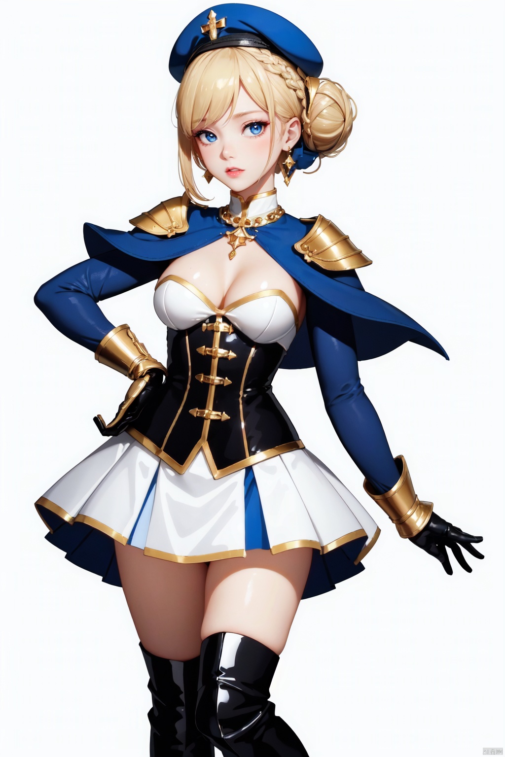 Realistic style, cinematic work, 8K wallpaper, masterpiece, very realistic quality, best quality, masterpiece, high-level, high-resolution,,,Edge lighting, dual tone lighting, soft lighting, The illuminated surface of the material has bright spots and highlights, which flicker and have a mirror effect when reflected, There are sparkling spots on the armor,,,1 girl, mature female, solo, full body, looking at viewer, lace, strong rim light, Standard proportion of female body, golden proportion of female body,,,Standing, standing posture, Sexy full body standing posture,,,,(yonggan, 1girl, blonde hair, blue eyes, short hair, hair bun, hair ribbon, hat, gloves, white gloves, boots, skirt, ribbon, epaulettes, blush, cape, pleated skirt, knee boots, cross-laced footwear, breasts, white skirt, blue headwear,:1.2),,bare shoulders, off shoulder, black hairband, bikini bottom only, short dress, swimsuit, pleated dress, bikini, floating hair, blush, ass visible through thighs, skirt,White high-heeled shoes,:1.2),,,colorful,(detailed skin: 1.3), (detailed face: 1.3),clear focus,delicate,(mature women: 1.2),(glossy skin+glossy skin: 1.4),(sweating: 1.1),(big_eyes),red_ eyeshadow,long_ Eyelashes, red lips,,,simple background, grey background,,,(Diamond hair accessories, diamond necklaces, diamond earrings, diamond earrings, clothes embedded with diamonds, armor embedded with diamonds,:1.3),,yonggan<lora:EMS-326014-EMS:0.230000>