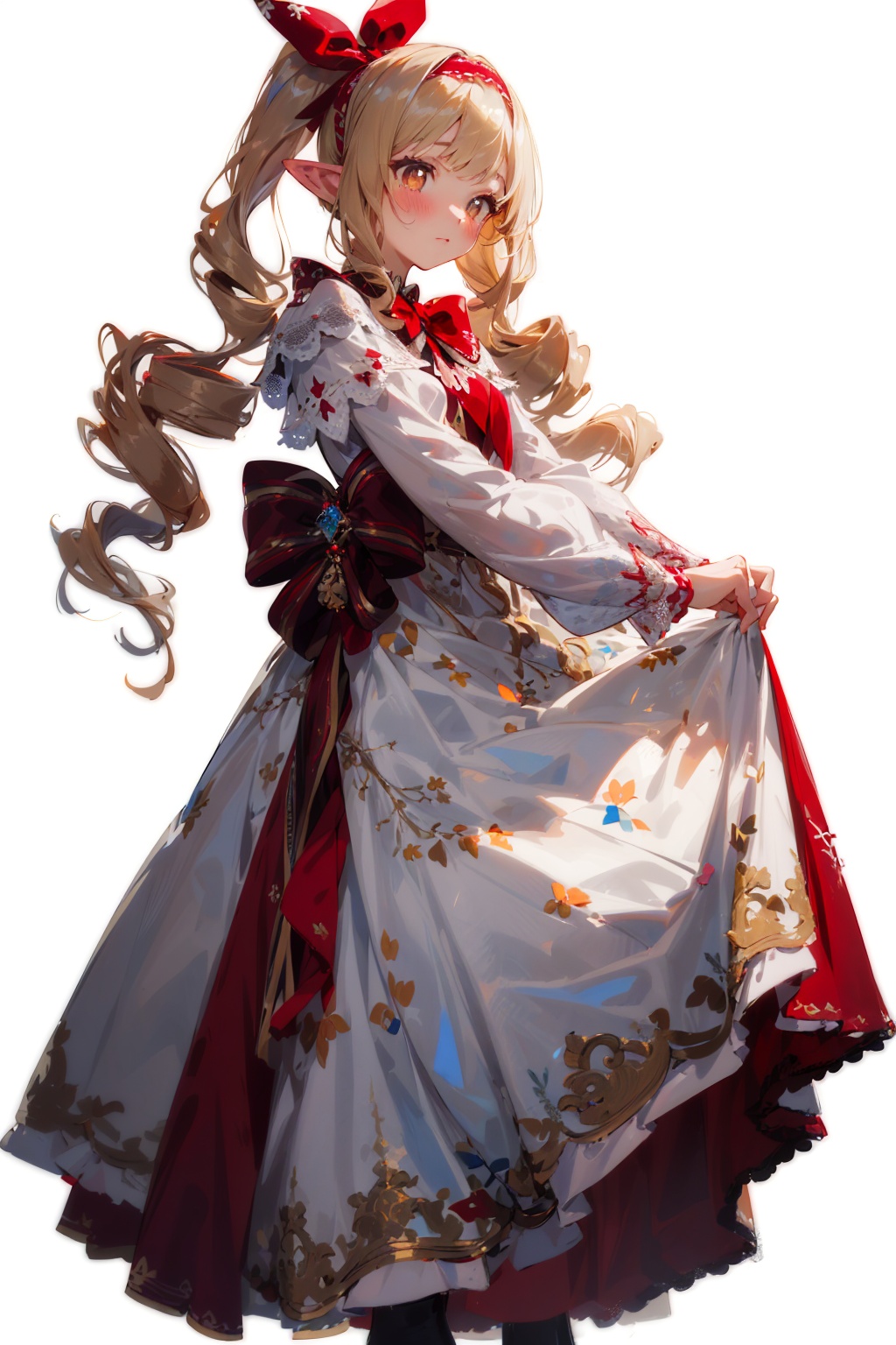 (((masterpiece))),best quality, illustration,(beautiful detailed girl),beautiful detailed glow,1girl, simple background, (white background:1.5),yamada elf, long hair, blonde hair, white pupils, bright pupils, bow, pointy ears, red bow, hairband, brown eyes, drill hair, hair bow, red hairband, long sleeves, dress, blush, closed mouth, full body,