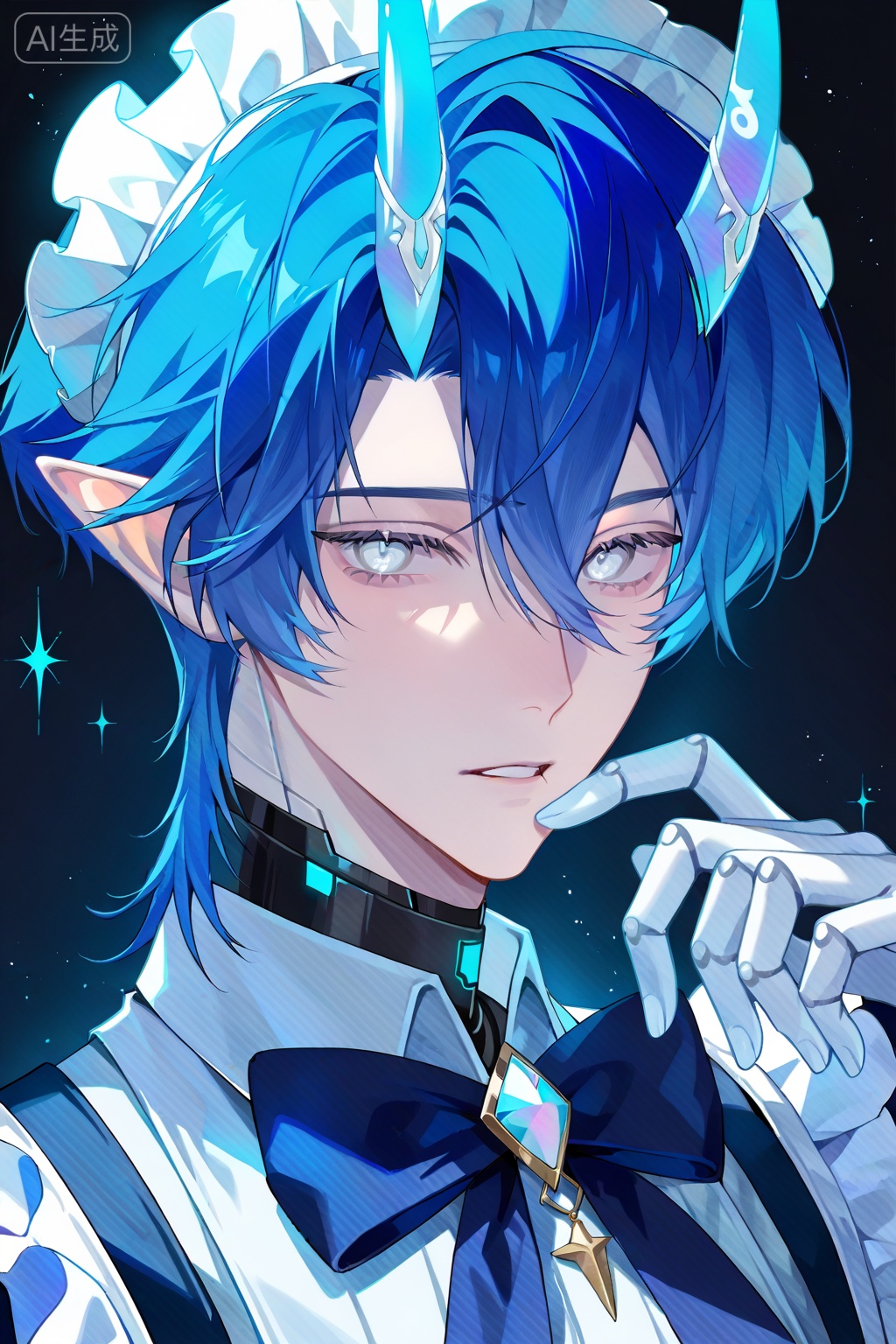 solo,, looking at viewer,, bow,, jewelry,, blue hair,, male focus,, pointy ears,, pale skin,, portrait,, bishounen,, blue horns,, simple background,, upper body,, maid,, maid headdress,, android,, white eyes,1boy,, hair between eyes,, Negative prompt: ng_deepnegative_v1_75t,(badhandv4:1.2),EasyNegative,(worst quality:2),grayscale,worstquality,logo,text,signature,blurry,low quality,cropped,watermark,bad proportions,bad anatomy,username,lowres,normal quality,monochrome,sketches,out of focus,,nsfw, Steps: 29, Sampler: Euler a, CFG scale: 7.0, Seed: 1117267073, Size: 1024x1536, Model hash: fe1361c879, Model: illustrious_v20_1.safetensors, Denoising strength: 0.0, RNG: CPU, Lora 1: Art-CL, Lora Hash 1: 4445d5f805, Lora Weight 1: 0.8, vae_name: automatic