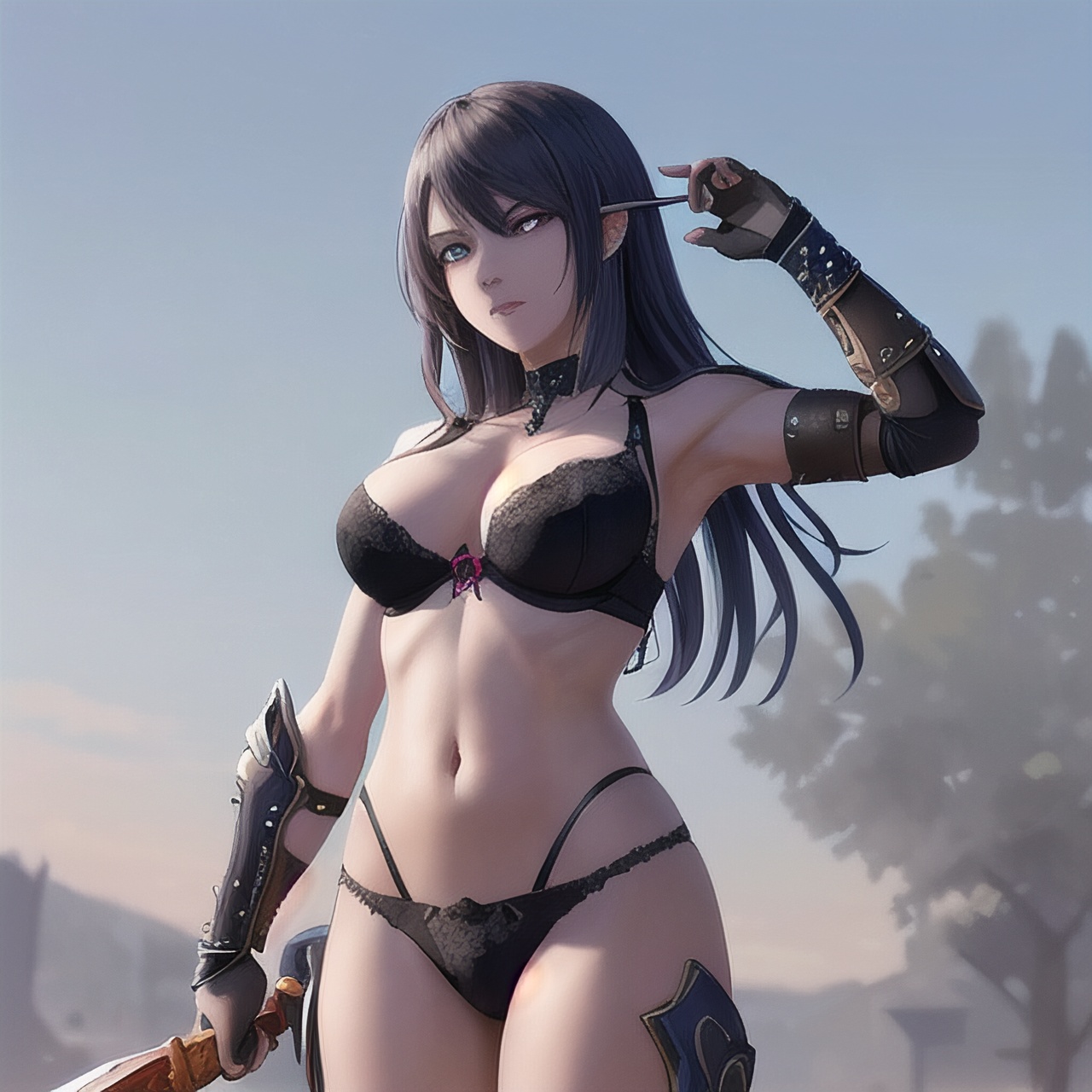 (best quality,  masterpiece,  ultra detailed), 1 girl, beautiful face, detailed skin, gu, dragon, full body, weapon, black hair, holding weapon, blood, arm guards, male focus, looking at viewer, black eyes, tabi, floating hair, full body, orange, hands up, (breasts_protect, bra), medium breasts, 