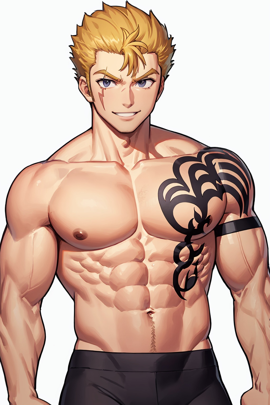 masterpiece,best quality, highly detailed, laxus dreyar,bara,muscular male,large pectorals,abs,thick thighs,navel,chest tattoo,stomach,sideburns,looking at viewer,1boy,solo,smile,<lora:laxus_dreyar:1>,simple background,white background