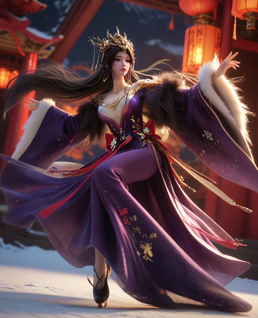 (skating, jumping:1.1),(large breasts:1.2),<lora:XL16云深不知梦羲和醉蝶花:0.95>,miss xihe,purple gown,fur trim,mole under left eye,black hair,absurdly long hair,traditional chinese updo with long front strands,hair ornament,jewelry,floral embroidery,wide sleeves,, score_9,score_8_up,score_7_up,score_6_up,score_5_up,score_4_up,3d rendering,tag1,tag2, Cinematic Lighting,backlighting,