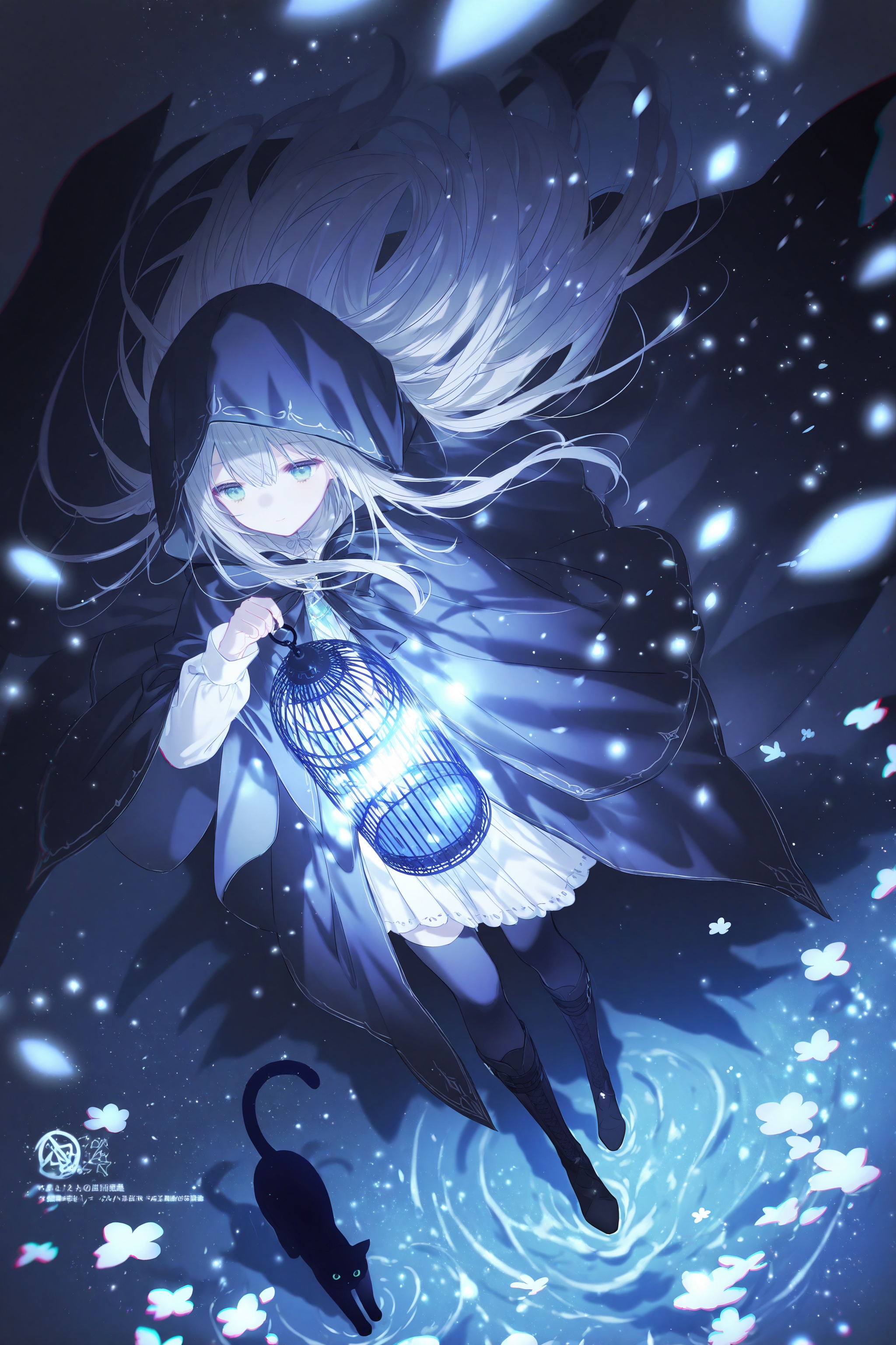 1girl,cat,black cat,long hair,solo,hood,cage,holding,birdcage,hooded cloak,blue eyes,dress,boots,holding lantern,cloak,walking,blue theme,hood up,lantern,black footwear,white hair,black cloak,very long hair,full body,flower,closed mouth,animal,thighhighs,looking at animal,long sleeves,floating hair,water,light particles,standing,looking down,from above,dark,knee boots,expressionless,chromatic aberration,white dress,white flower,thigh boots,ripples,grey hair,night,white skirt,black thighhighs,glowing,star (sky),blurry,hand up,hooded cape,floating,looking at viewer,jewelry,fantasy,green eyes,chinese text,walking on liquid,hooded robe,shadow,black dress,skirt,wading,dated,braid,smile,looking at object,bird,petals,<lora:lp22New:0.9>,