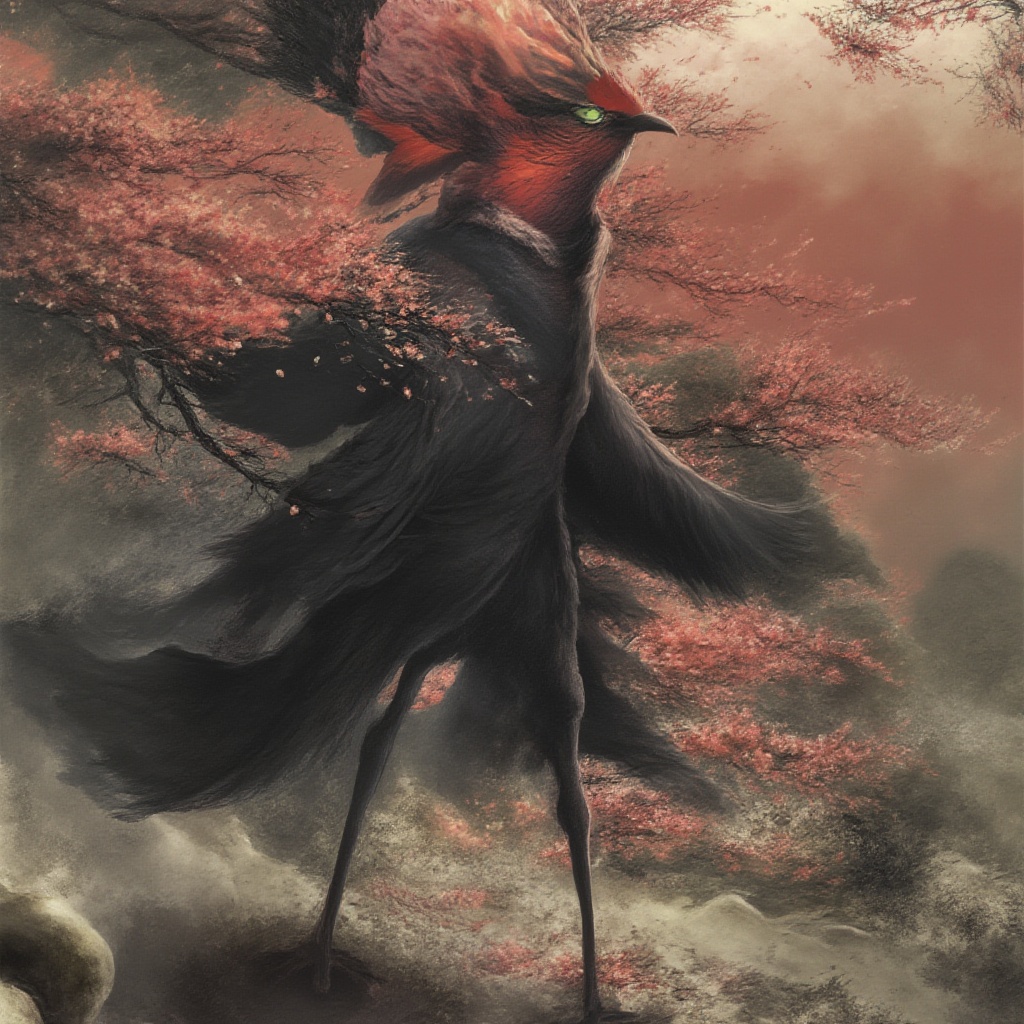 Illustration of a majestic crow with elongated legs,  wearing traditional Japanese tengu attire,  including a red mask and...