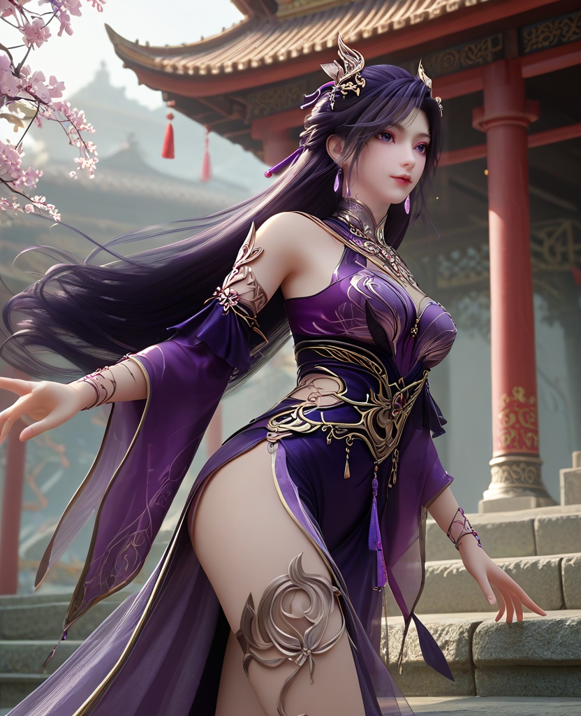 (oriental architecture, elegant decor, sophisticated style:1.1),(Balancing on one foot on a narrow bridge, arms extended, symbolizing balance and determination,:1.1),(breasts:1.2),<lora:XL16长生界燕倾城:0.95>,miss yanqiancheng,purple dress,purple eyes,eyeshadow,very long hair,dark purple hair,hair ornament,earrings,jewelry,bare shoulders,detached sleeves,wristlet,sash,spiral leg decoration,, score_9,score_8_up,score_7_up,score_6_up,score_5_up,score_4_up,3d rendering,tag1,tag2, Cinematic Lighting,backlighting,