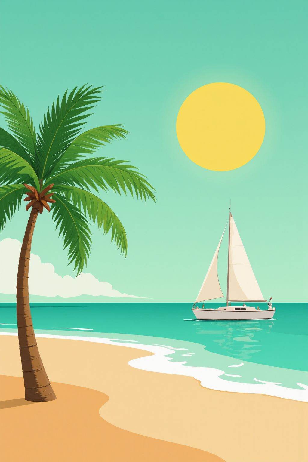 Flat poster illustration;,Flat poster illustration;A vibrant flat style illustration of a tropical beach with a palm tree, a bright yellow sun, and a simplified sailboat, using green and orange hues, flat style illustration