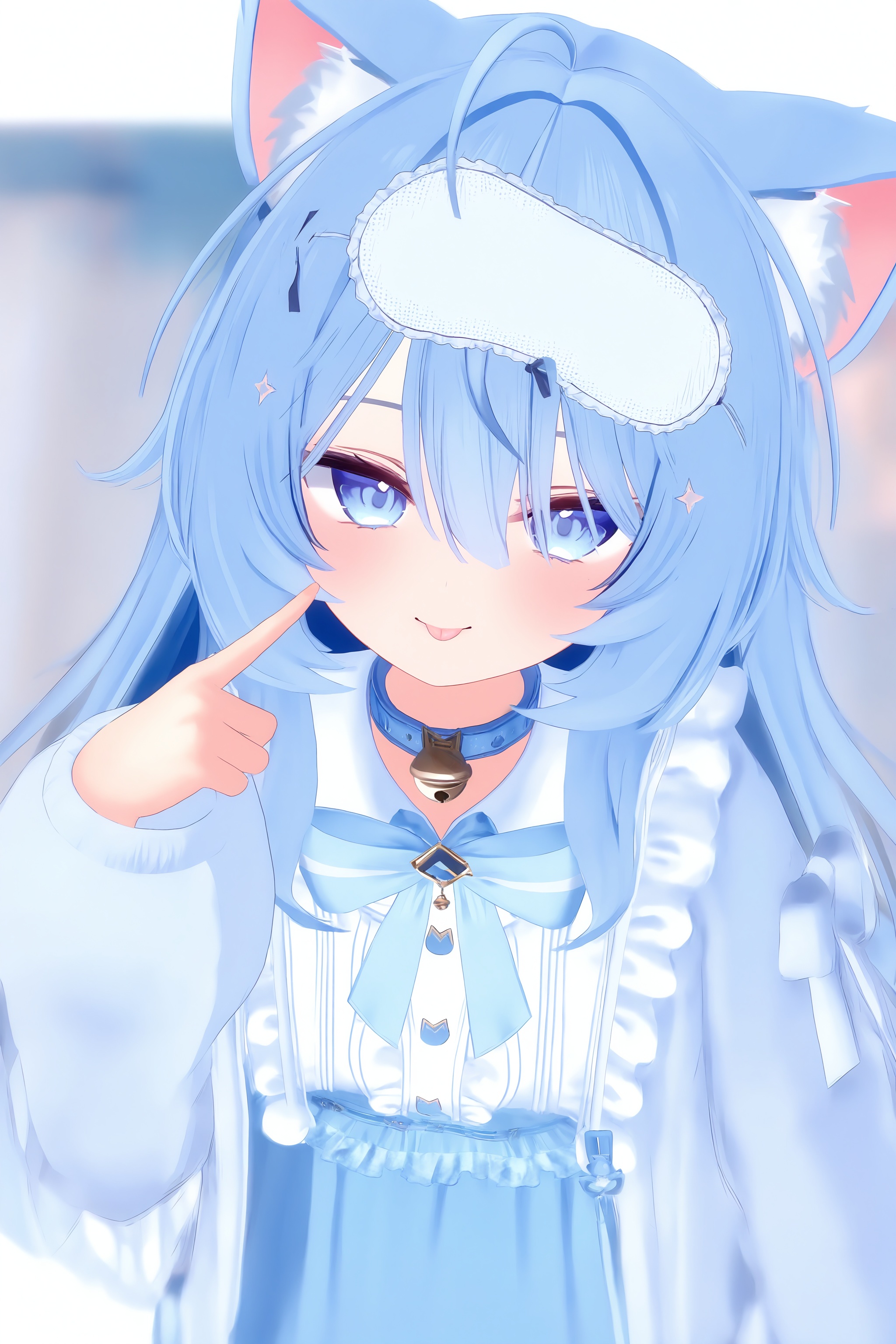 <lora:vrc_style_v3-000080>,vrc_vibe,high resolution,aesthetic,excellent,medium resolution,newest,1girl,sleep mask,blue hair,blue eyes,animal ears,tongue out,tongue,virtual youtuber,dress,blue dress,bell,cat ears,blurry,:p,pointing at self,blurry background,cat girl,pointing,long hair,solo,mask on head,looking at viewer,ahoge,animal ear fluff,neck bell,jacket,mask,blush,collar,hair between eyes,bow,long sleeves,smile,bowtie,frills,