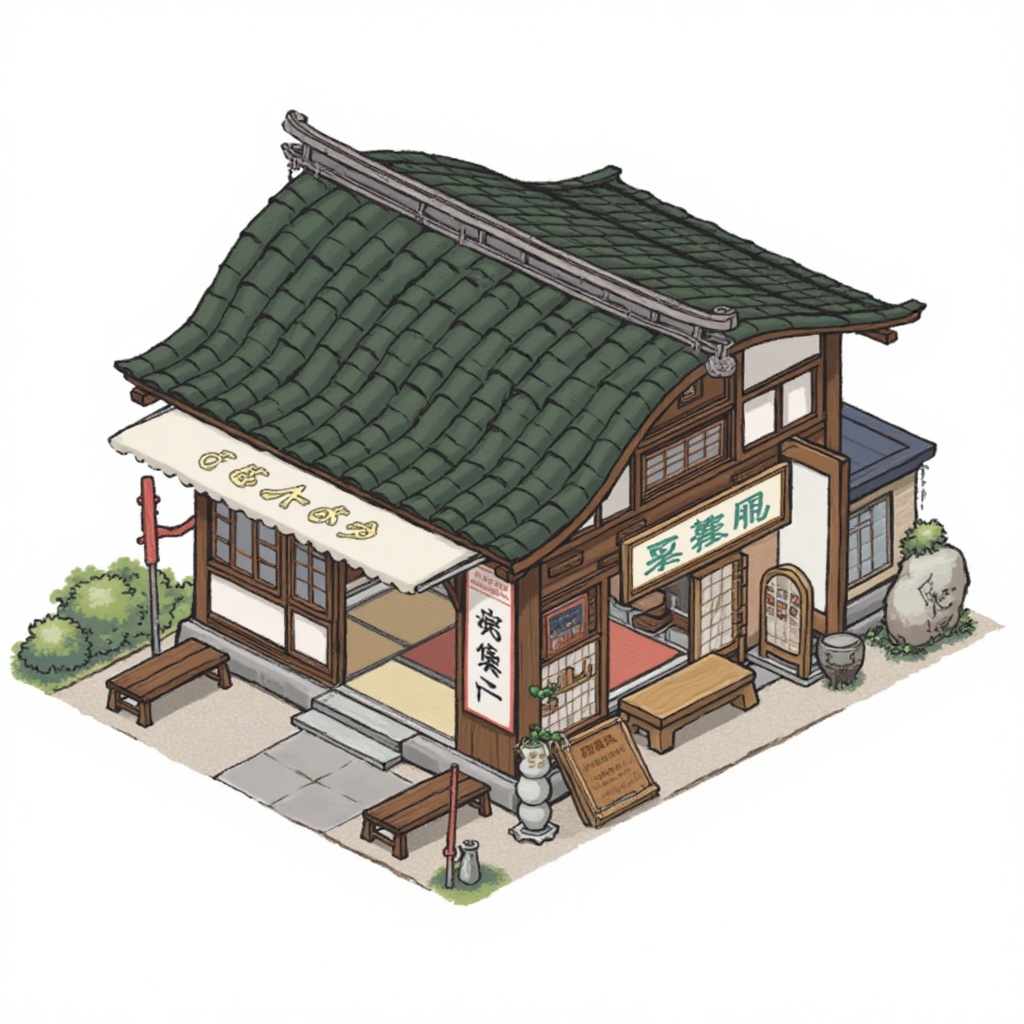A detailed, isometric digital drawing of a traditional Japanese tea house with a curved, dark green tiled roof. The house features wooden beams, a ********** awning, and a sign with Japanese characters. Inside, a tatami mat floor and shoji screens are visible. Two wooden benches and a low table are outside, with a stone lantern and a small garden.