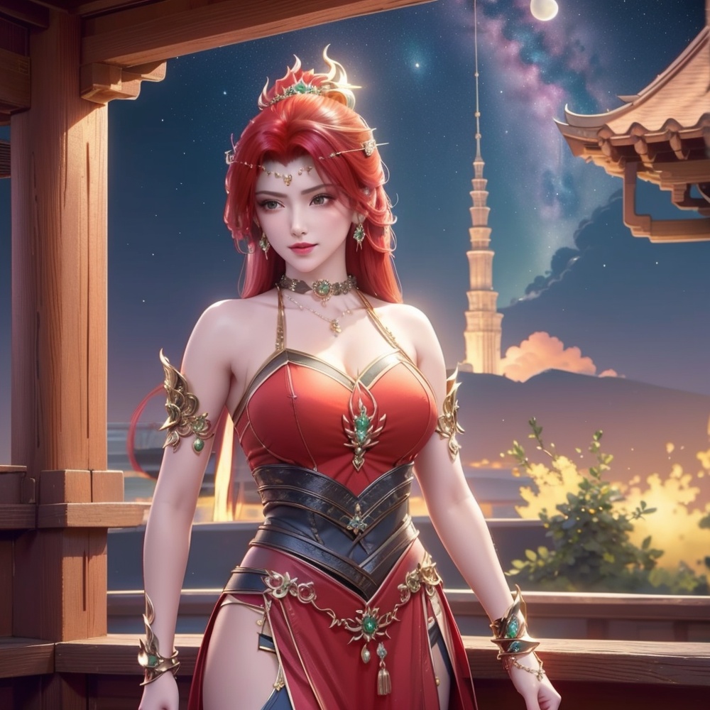 <lora:斗破苍穹-唐火儿:1>red hair,  (,1girl, ,best quality, ),looking at viewer,masterpiece(,1girl,night, starry sky, milky way,outdoors, full moon,  night sky, darkness,  world of darkness, , ) ,ultra realistic 8k cg,   clean, masterpiece,     (( , )),, , , prestige, luxury, jewelry, diamond, gold, pearl, gem, sapphire, ruby, emerald, intricate detail, delicate pattern, charming, alluring, seductive, erotic, enchanting, hair ornament, necklace, earrings, bracelet, armlet,halo((, )), (),