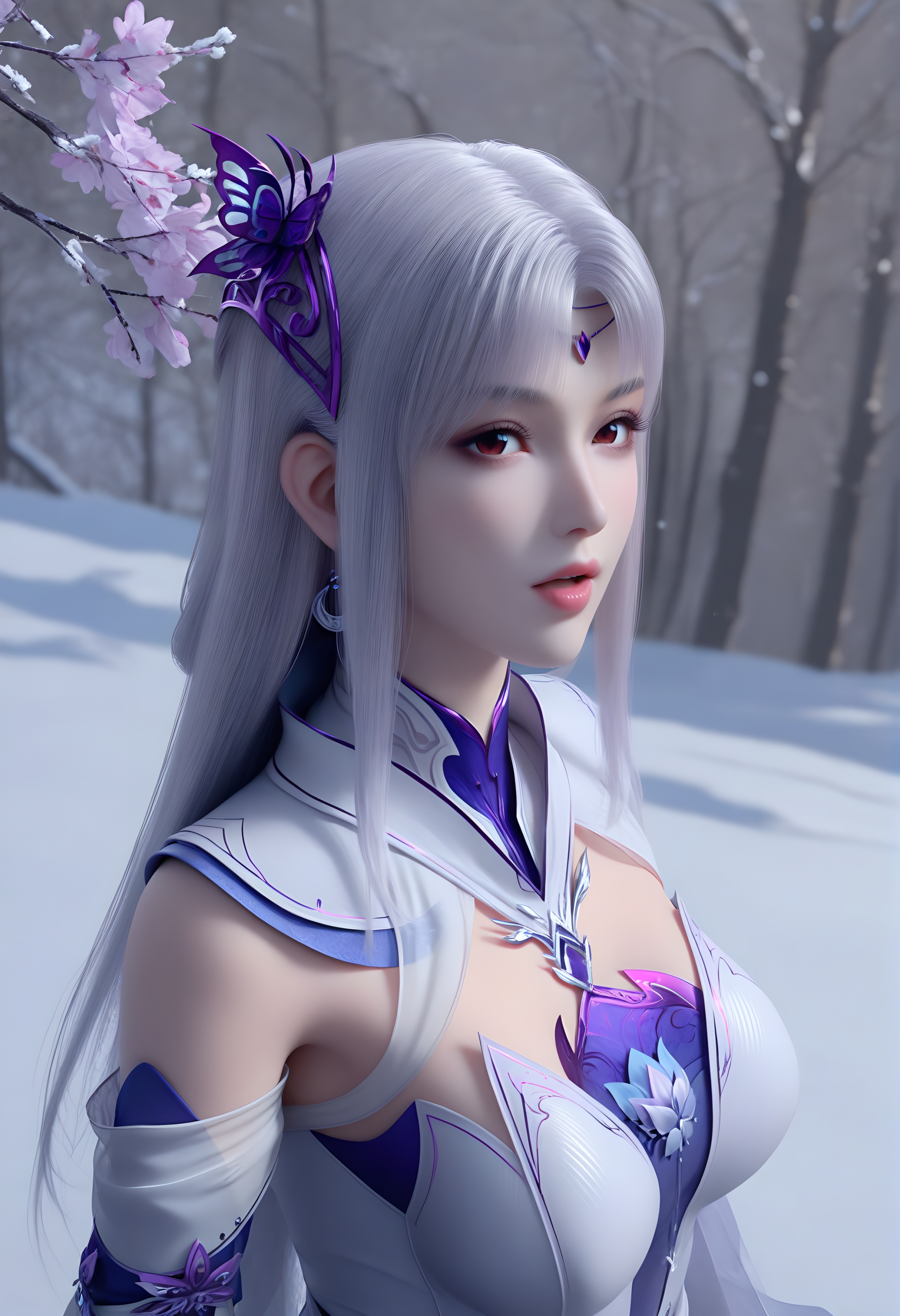 (score_9),<lora:小医仙白-apony-000008:0.83>,xiaoyixian,solo,1girl,hair ornament,long hair,silver hair,headpiece,butterfly hair ornament,crescent earrings,detached collar,chest jewel,dress,detached sleeves,jewelry,<lora:Expressive_H-000001:0.8>,light blush,looking at viewer,red eyes,dutch angle,dynamic_angle,from above,salute,one side up,open mouth,(mature_female:1.2),collarbone,pointy breasts,puffy breasts,(large teardrop breasts),<lora:e肤色滑块:0.5>,fair_skin,(pale_skin),(white_skin),<lora:e色温:0.35>,light skin,ultra-detailed skin texture,detailed textures,<lora:皮肤凹痕:1.2>,BREAKsimple background,in snow,Tyndall effect,available light,depth of field,tree,snowflakes,branch,twig,4K ultra HD,sharp focus,high detail,natural lighting,high contrast,