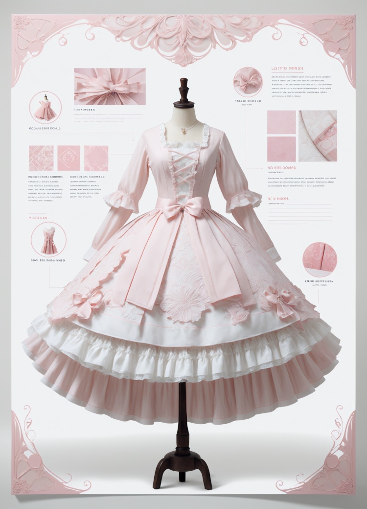 Lolita dress,object(((no humans))),product Design,dynamic graphic art,professional simbol design4k,like photos,product map,white background,ultra high res,pink tone color,lovely pattern