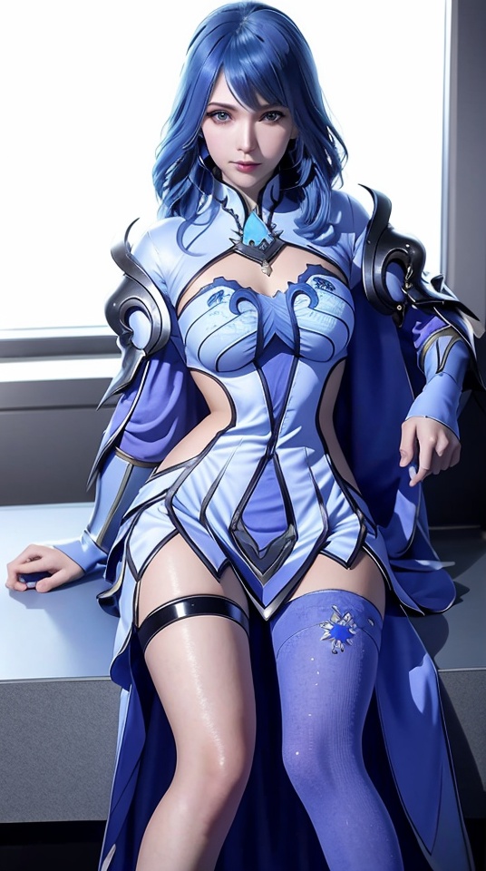 A girl,Blue hair,Long hair,Armor,Dress,glove,Single leg pantyhose,Looking at the viewer,sitting on desk,,<lora:3c9aa2007a6d2c219d5670bd3bfec026f015ce4094b4a4c19c044e3e45826afa:0.7>