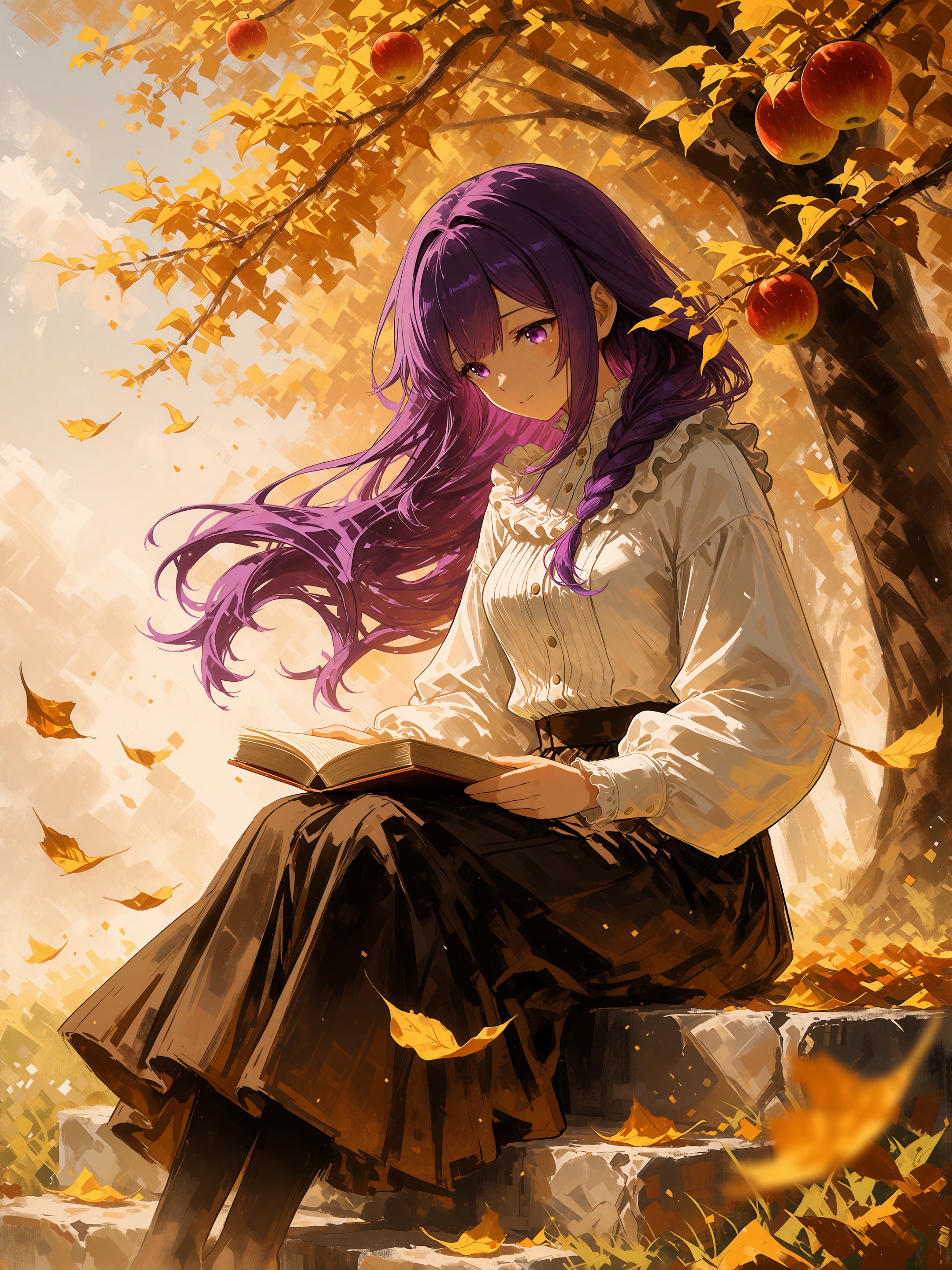 anime woman with long flowing purple hair sitting calmly on stone steps in an autumnal orchard,  wearing a loose white blo...