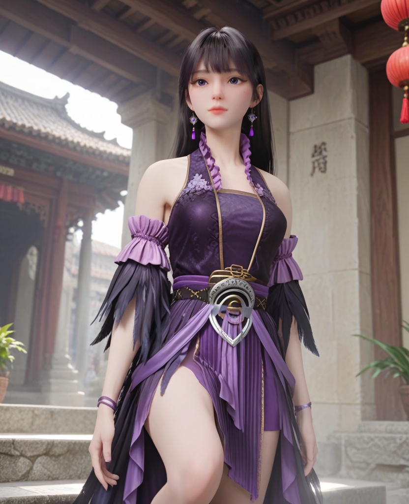 (oriental architecture, elegant decor, sophisticated style:1.1),(one knee:1.1),(breasts:1.2),<lora:XL修罗武神大蛋蛋:0.95>,miss dandan,black dress,belt,purple frills,bare shoulders,black hair,bangs,long hair,earrings,detached sleeves,feather trim,pelvic curtain,feathers fart curtain with purple petticoat underneath,bracelet,, score_9,score_8_up,score_7_up,score_6_up,score_5_up,score_4_up,3d rendering,tag1,tag2, Cinematic Lighting,backlighting,