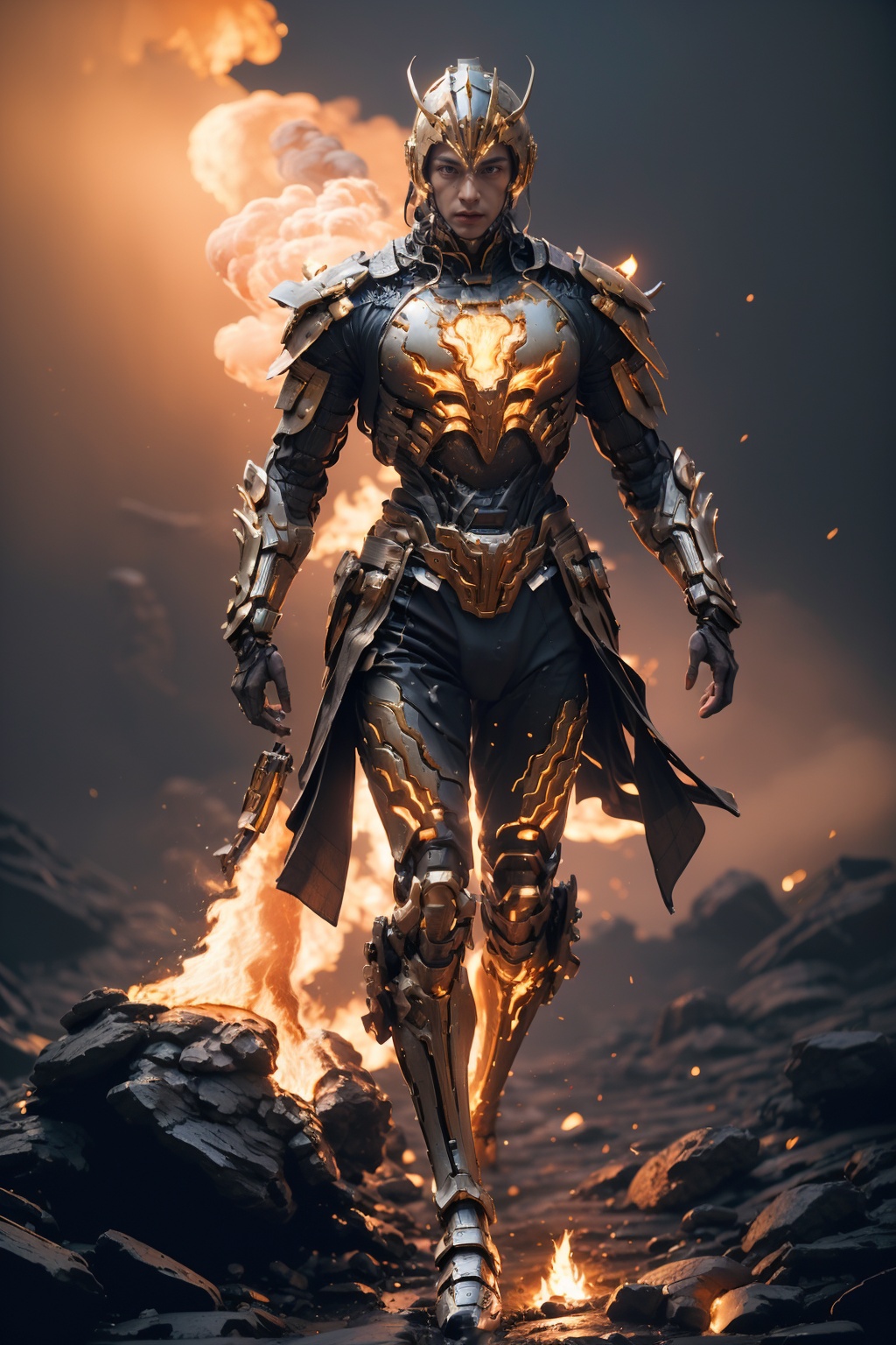 hjyjiazhourbt,1girl,mecha,walking,glowing body border,(fire  and  smoke background:1.3),biomechanical,(looking at viewer),dynamic pose,dynamic angle,(chinese armor:1.4),gold. hi - tech synthetic bio ethereal metal and black titanium material,masterpiece,best quality,(highly detailed),gold hair,(full body:1.3),day light,((bright light)),wide angle,sleek,studio light,<lora:hjyjiazhouRBTcropface-000002:0.8>,