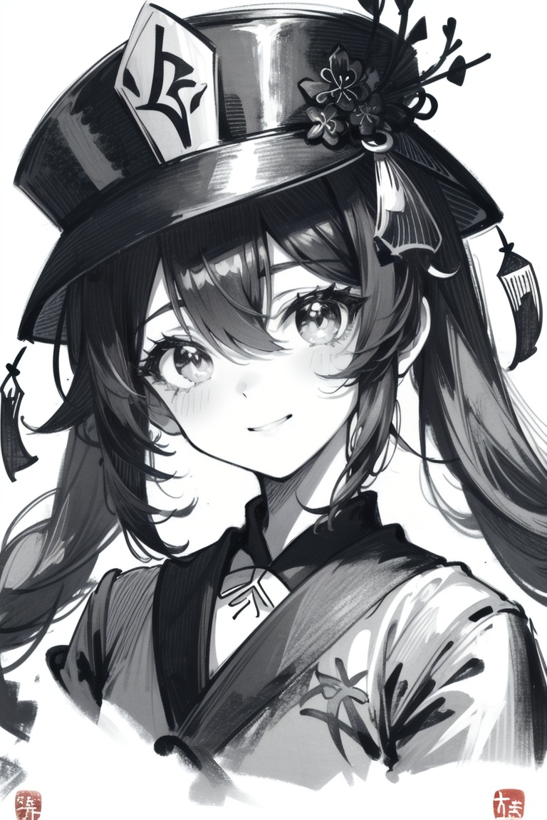 ((HRD, HUD, 8K)),((masterpiece, best quality)), highly detailed,YuanShen, 1girl, hat, hu tao (genshin impact), monochrome, smile, solo, symbol-shaped pupils, looking at viewer, greyscale, long hair, flower-shaped pupils, simple background, twintails, white background, bangs, hair between eyes, flower, grin, portrait, signature, porkpie hat, <lora:20240318-1710771192163:0.8>