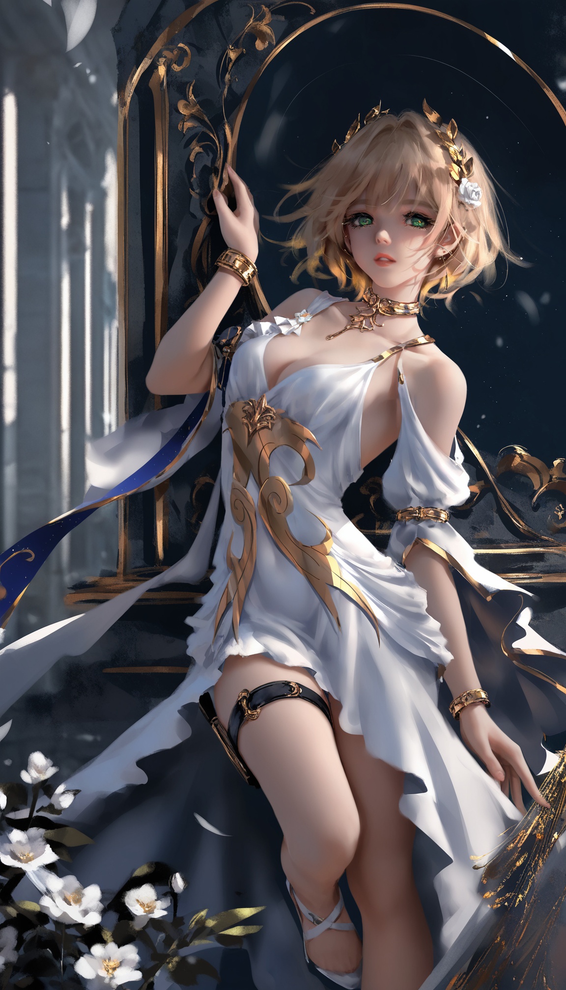 <lora:阿格莱雅noob:1>,aglaea,a girl named aglaea,1girl,white dress,cleavage,bare shoulders,parted lips,looking at viewer,bracelet,laurel crown,flower,gold choker,sleeveless dress,detached sleeves,thigh strap,collarbone,year 2024,(sheya:0.2),(ooo_wange:1),(wlop:0.99),rurudo,(fuzichoco:0.0),, very awa,very as2, best quality, masterpiece, best quality, absurdres, highres,newest