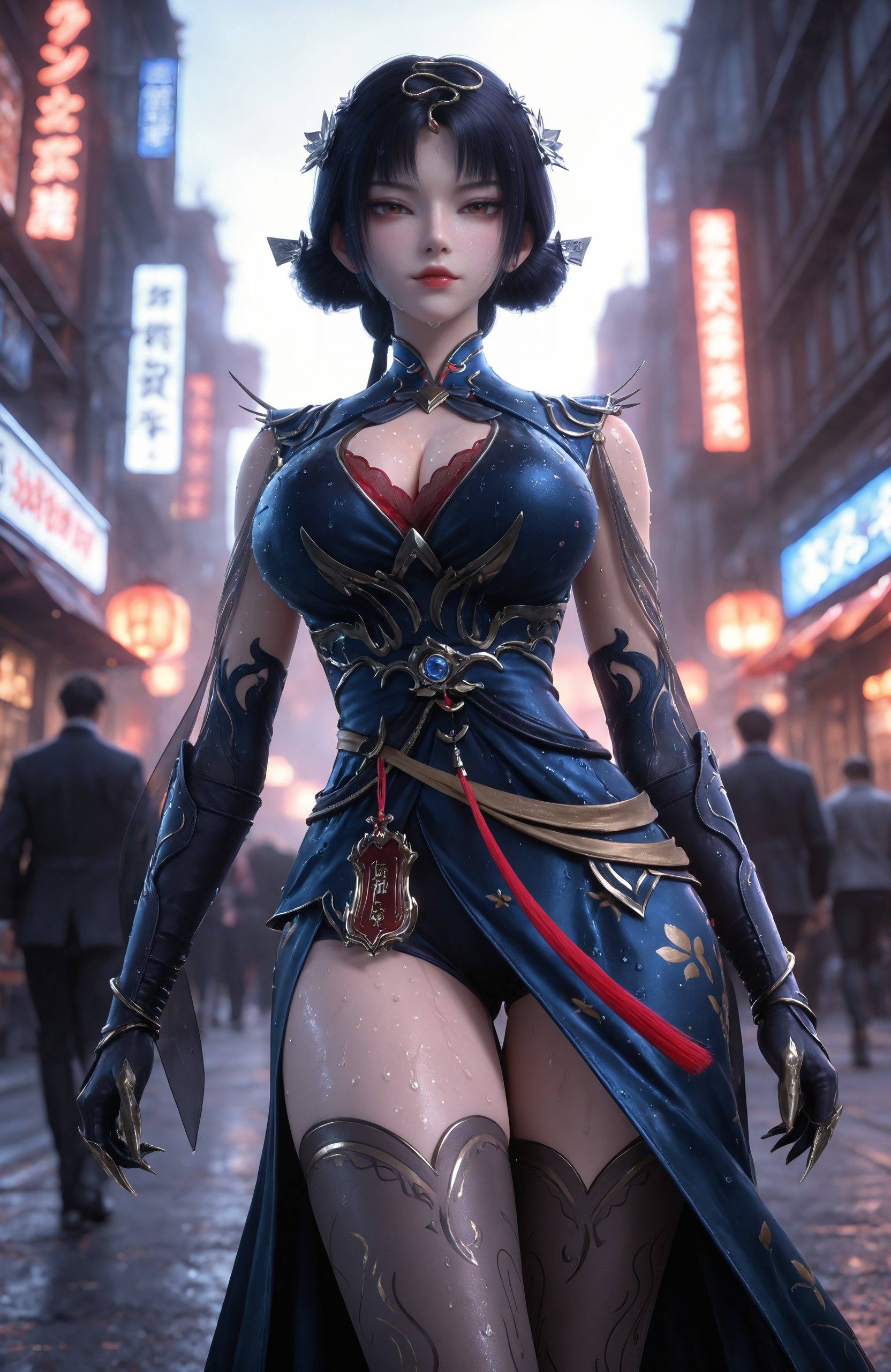 <lora:玄界之门-金小钗IL:0.7> 1girl, black hair, hair ornament, hair bun, red lips,brown eyes, chinese clothes, blue dress, claws, cleavage cutout, cleavage, Huge breasts, elbow gloves,black thighhighs,black footwear, high heels,wet,, realistic style photo,outstanding style,Use soft lighting to cast gentle shadows on the subject,adding a touch of dimension to your images without compromising details,whirls of vapor,(Anime:1.1),soft neon light,ethereal ambiance,delicate details,magical atmosphere,concept art,highly detailed,ultra-high resolution,32K UHD,sharp focus,best-quality,masterpiece,golden hour,unconventional supreme masterpiece,masterful details,temperate atmosphere,with a high-end texture,in the style of fashion photography,magazine style,Dynamic Angle,Dynamic posture,magazine style,Dynamic Angle,Dynamic posture,(cowboy_shot:1.2),eye trail,depth of field,cinematic lighting,lens flare,close-up,extreme aesthetic,(wlop:0.6),(honjou raita,lack,rella,wanke:0.5),masterpiece,best quality,good quality,newest,year 2025,very aesthetic,absurdres,Visual impact,A shot with tension,ultra-high resolution,32K UHD,sharp focus,best-quality,masterpiece,Emotionalization,unconventional supreme masterpiece,masterful details,temperate atmosphere,with a high-end texture,in the style of fashion photography,(Visual impact:1.2),giving the poster a dynamic and visually striking appearance,, best quality,emotional lighting,cinematic composition,clean space,ethereal,soft light catching the subtle details of her face,the background a gentle gradient of dark purple and blue tones,enhancing the emotional weight of her expression,looking at looking at viewer,
