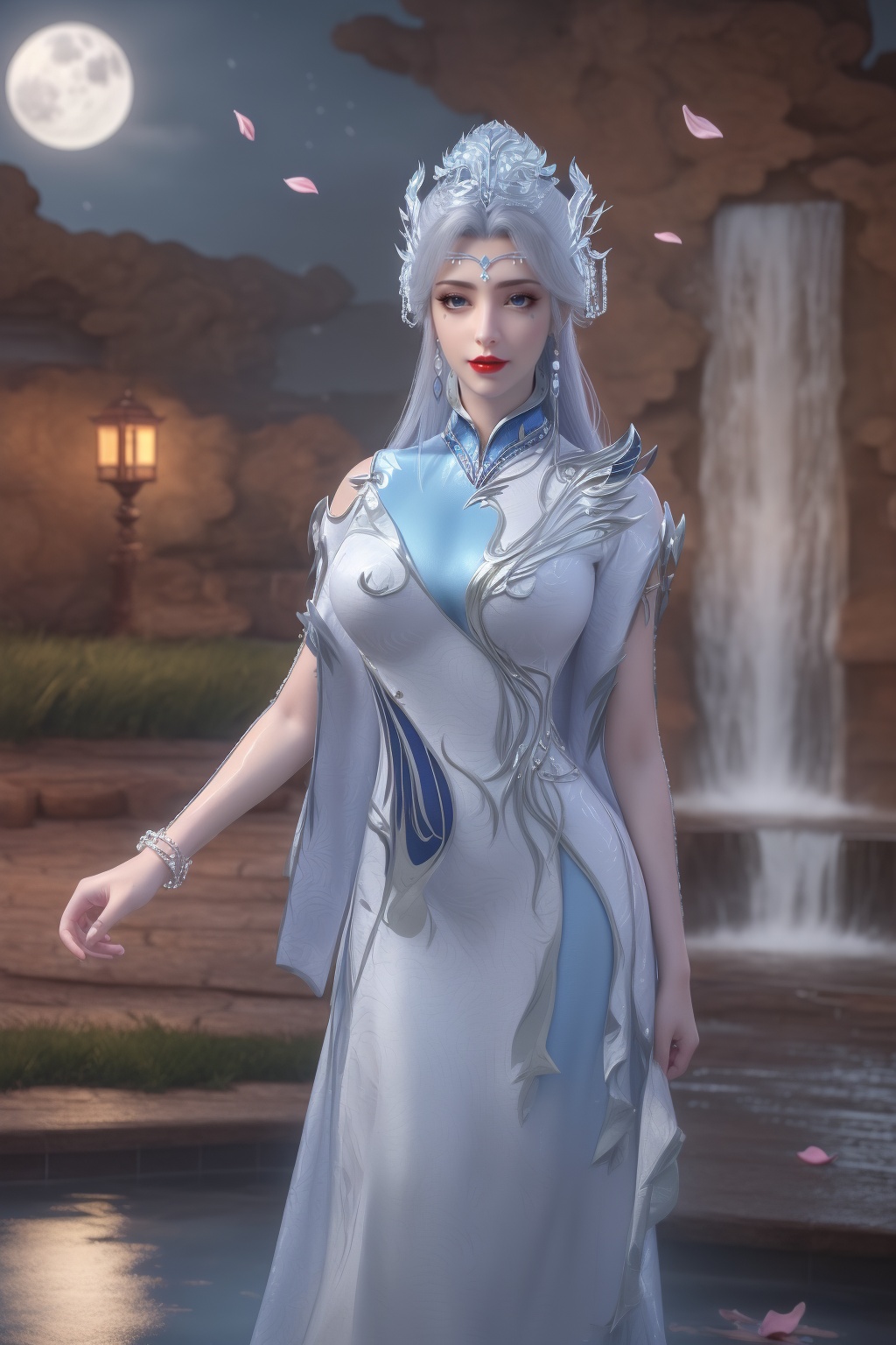 photo_\(medium\),(8k, RAW photo, best_quality),(masterpiece:1.2),(realistic:1.2),(photorealistic:1.3),(ultra-detailed),(extremely_detailed_cg_8k_wallpaper),(crystal_texture_skin:1.3),(shiny:1.2),(shiny_skin:1.4),(extremely_delicate_and_beautiful),(scenery, waterfall, (cherry_blossoms), (milfeulle_sakuraba), (petals, falling_petals), full_moon, moon, night, moonlight, night_sky, sky, petals, water, stone),shenfengNingYuDie,1girl,solo,torogao,breasts,large breasts,crown,shiny,dress,chinese clothes,blue dress,clothing cutout,crystal,hair bun,facial mark,forehead mark,standing,jewelry,hair ornament,earring,necklace,red lips,realistic,looking at viewer,<lora:shenfengNingYuDie_20240412212130-000005:0.7>,