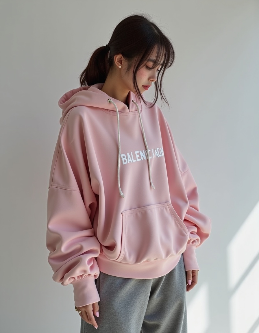 a real picture of a south korea woman,Balenciaga\(Oversized hoodie,Speed sneakers\),
