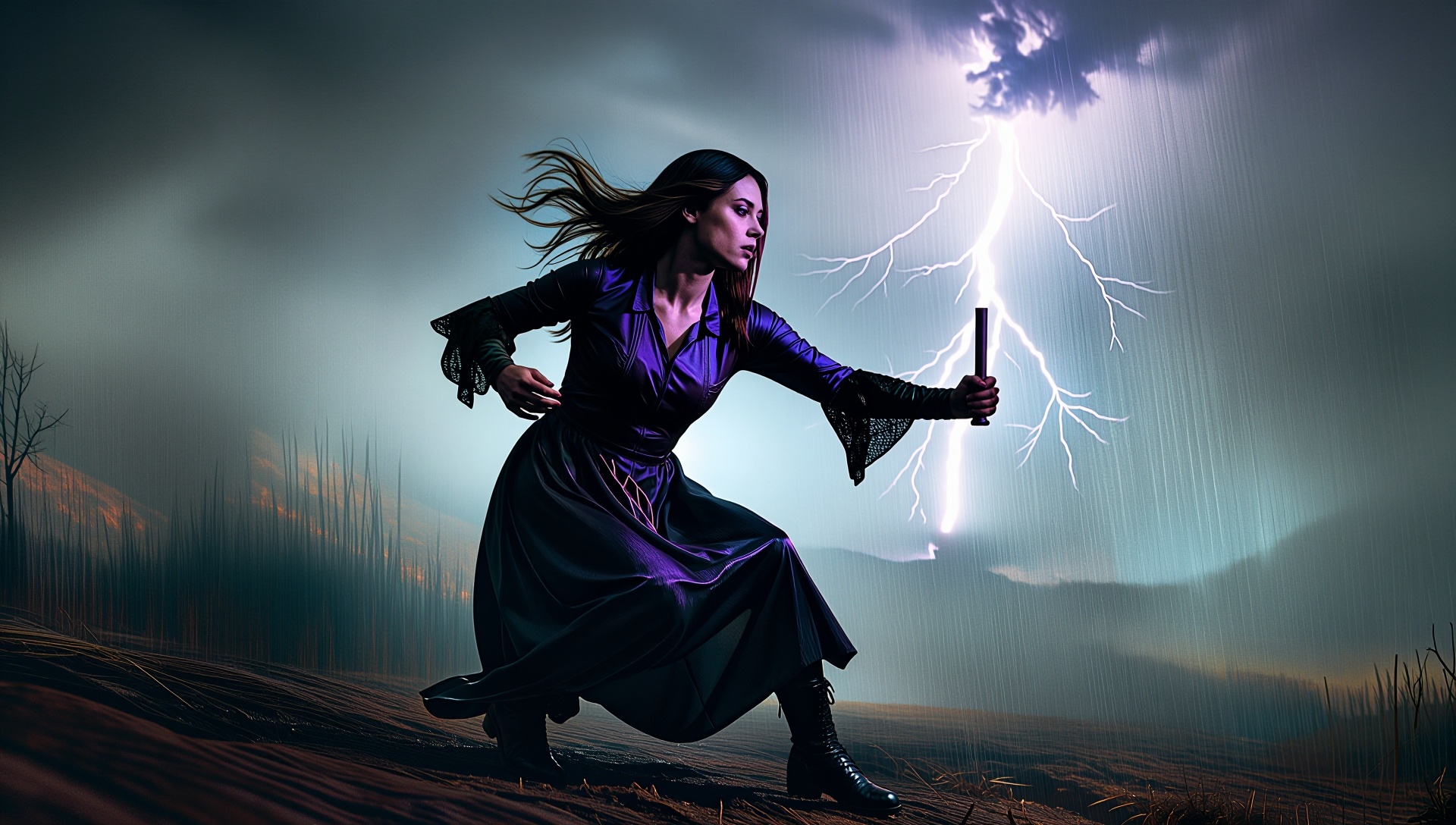 Witch casting spell in stormy forest,  lightning crackling on Tensor.Art
