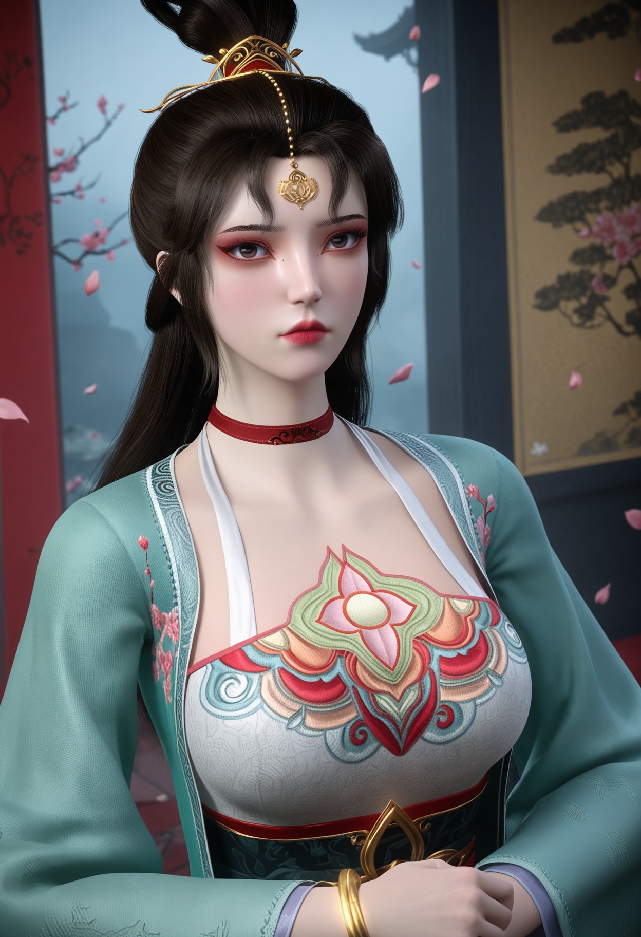 (upper_body:1.2),(looking at viewer:1.1),masterpiece,(best quality),smog,Dark room,dim lighting,peach blossom,falling petals,<lora:YQ_Illustrious光辉v5_墨云_V1:0.8>,q1528437228,1girl,solo,black hair,long hair,choker,red choker,hair ornament,dress,chinese clothes,long sleeves,jewelry,forehead mark,bracelet,wide sleeves,hair bun,brown hair,mole under eye,brown eyes,eyeshadow,red footwear,