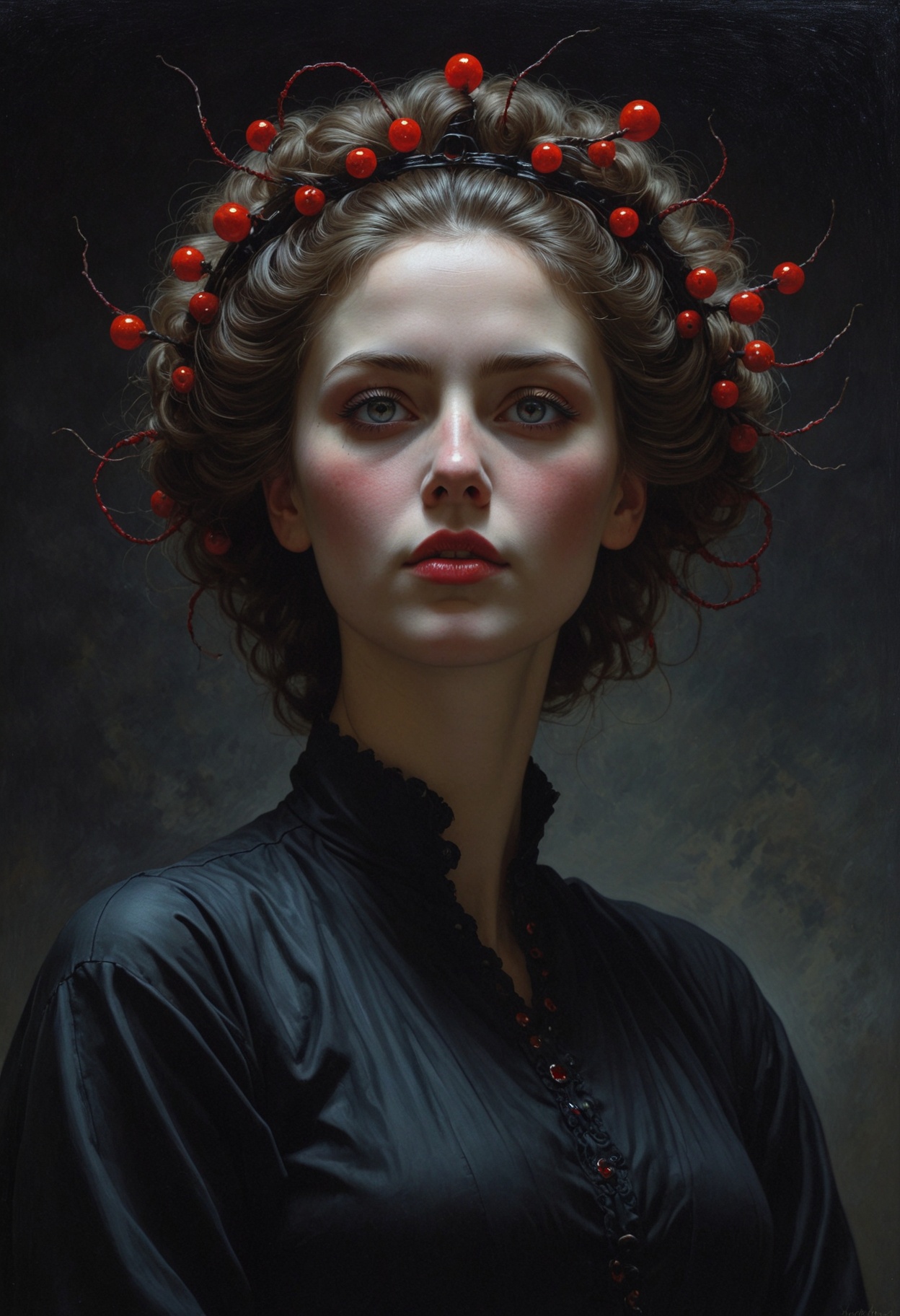 In Jeffrey T. Larson's work,  a woman with glowing red eyes and an intricate hairstyle stands before the audience wearing...