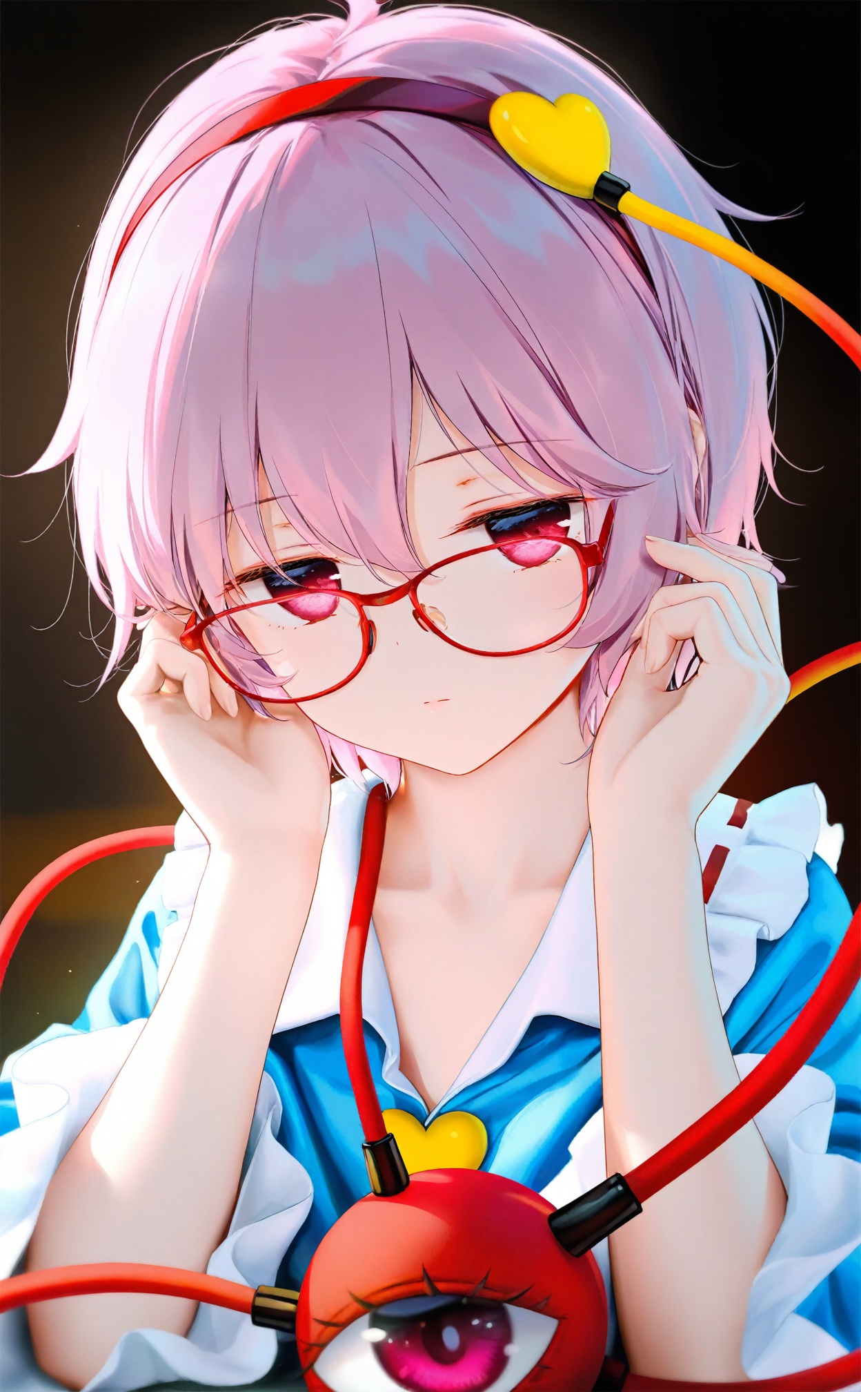 masterpiece,blurry background,loli,loli,black_background,light leaks,fair_skin,Artist haneru,Artist:hiten_(hitenkei),artist chen_bin,artist:wanke,(artist:ke-ta:0.6),[Artist:wlop],(Artist agwing86:1.3),(Artist aki99:0.5),(Artist z282g:0.66),1girl,solo,pink hair,komeiji satori,red-framed eyewear,glasses,pink eyes,short hair,long sleeves,hairband,closed mouth,upper body,bespectacled,looking at viewer,heart,red hairband,shirt,frills,frilled sleeves,hair between eyes,hands up,heart hair ornament,collarbone,expressionless,blue shirt,