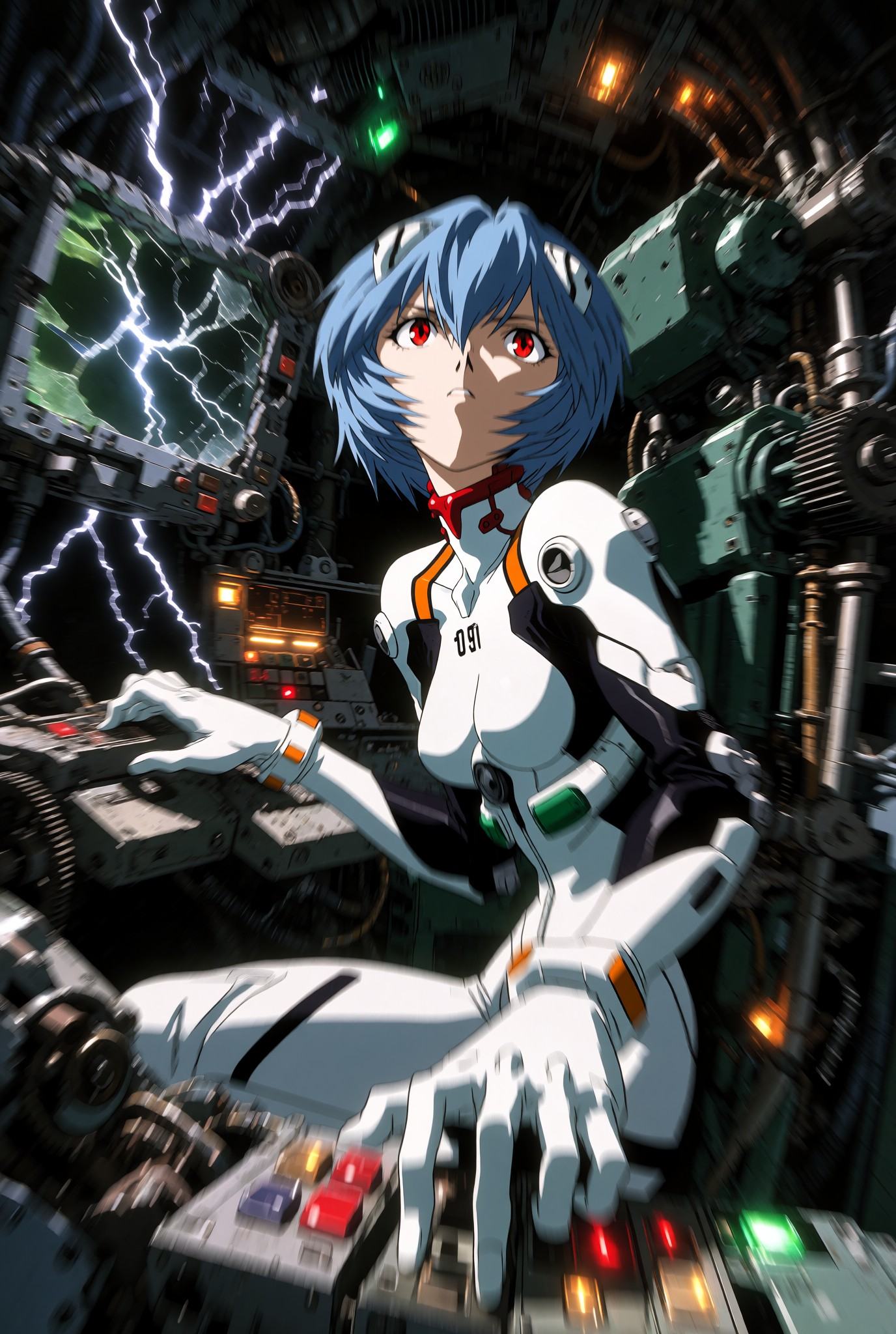 A cinematic straight on medium shot of a solo anime woman resembling Rei Ayanami inside a damaged mechanical cockpit,  loo...