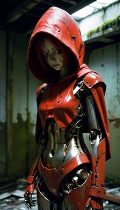 1girl,EA post apocalyptic photo of a red hooded   a broken feminine humanoid robot,At night,a light shone on her,dented,scratched,flaking peeling paint,in a abandoned interior room,mossy and fungus,once pretty,An artistic photograph,closeup 50mm f/1.3,Metal threads,with some parts already rusting,A close-up shot of a real metallic mechanical gear structure photo,metal,no humans,reflection,Mecha,red,