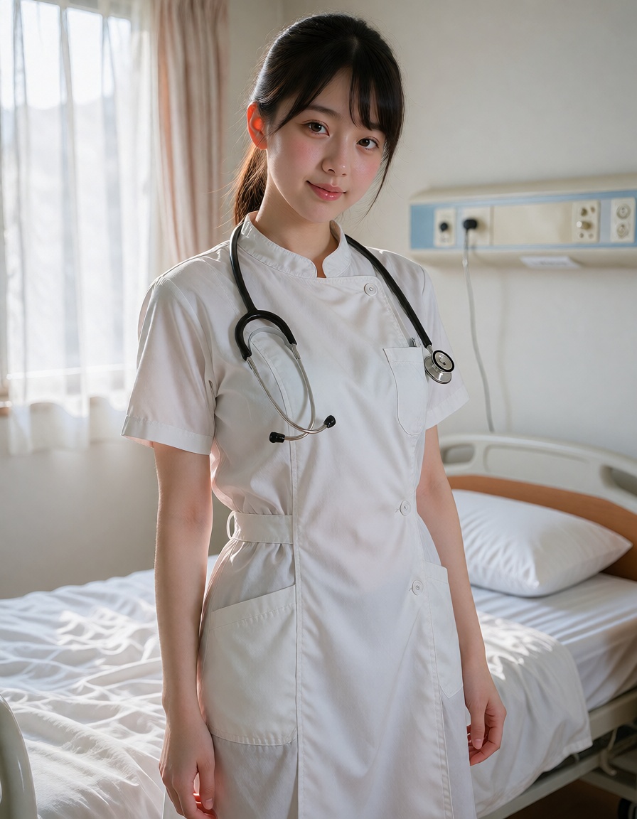 A woman with medium dark brown ponytail and dark brown eyes,  She is wearing a plain white nurse's uniform with a stand-up...