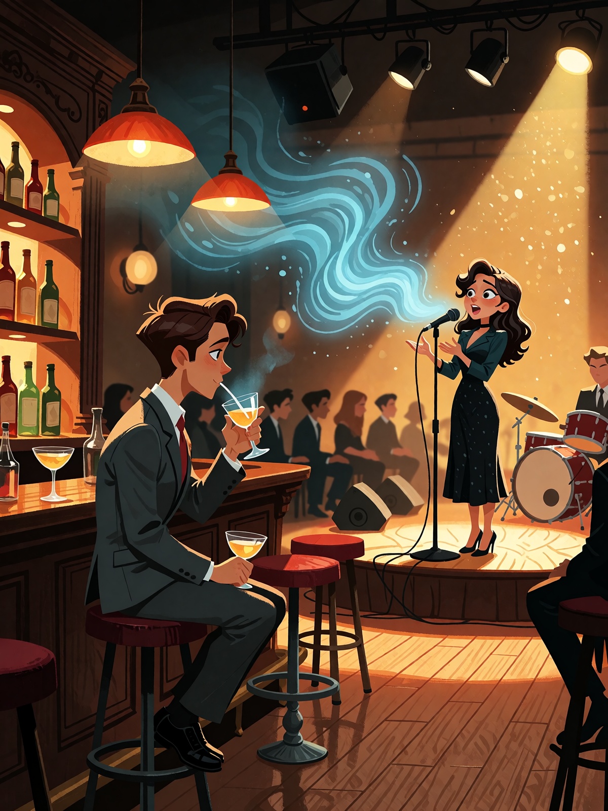 A warm,  dimly lit jazz club interior,  a sharply dressed patron nursing a drink at the bar while on stage on Tensor.Art