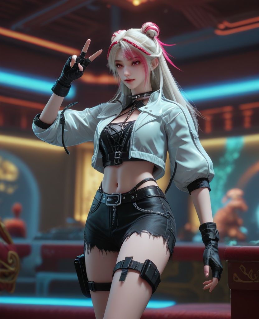 (oriental architecture, elegant decor, sophisticated style:1.1),(v, peace sign:1.1),(breasts:1.2),<lora:XL16克金玩家苏晓晓:0.95>,miss suxiaoxiao,white cropped jacket,black corset,pink eyes,forehead mark,double bun with long cascading hair,white hair,streaked hair,braid,black shorts,black fingerless gloves,thigh strap,single thighhigh,, score_9,score_8_up,score_7_up,score_6_up,score_5_up,score_4_up,3d rendering,tag1,tag2, Cinematic Lighting,backlighting,, zPDXL3, zPDXL2,zPDXL, zPDXLxxx, zPDXLrl,