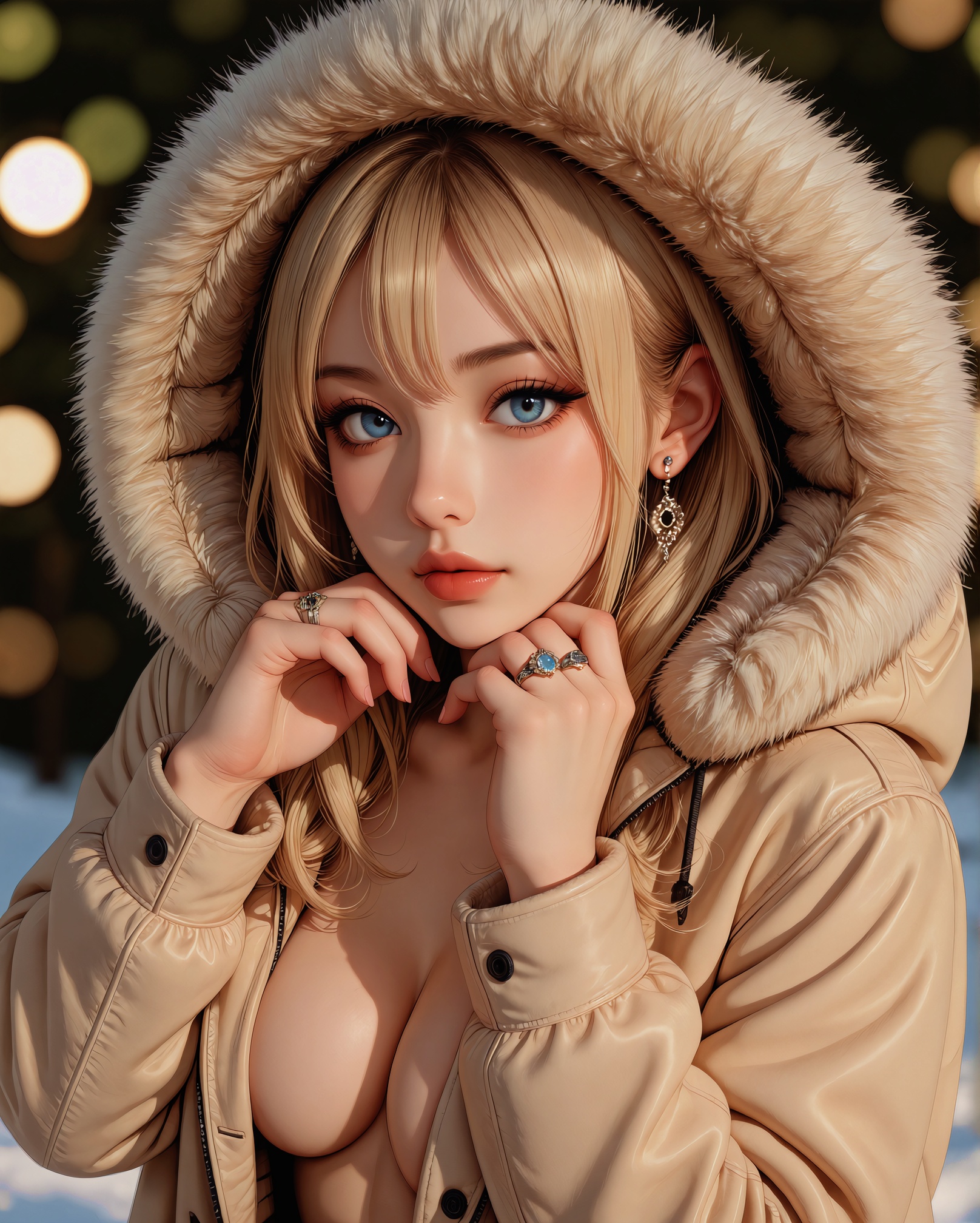 A photo-realistic portrait shoot from a portrait angle about a young woman wearing a beige coat with a fur hood,  posing f...