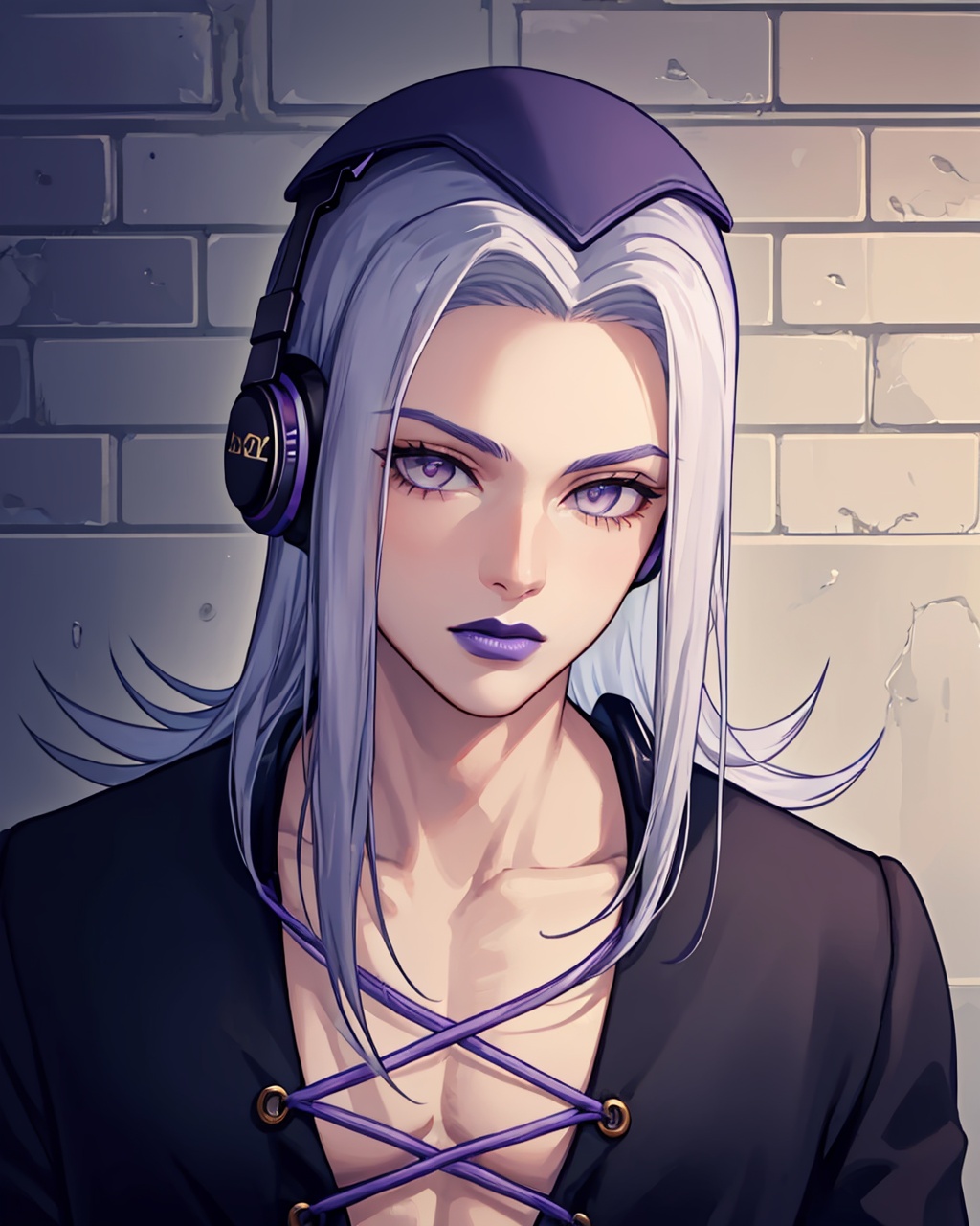 masterpiece,best quality, highly detailed, leone abbacchio,1boy, solo, male focus, hat, lipstick, brick wall, headphones, purple lips,<lora:leone_abbacchio:1>