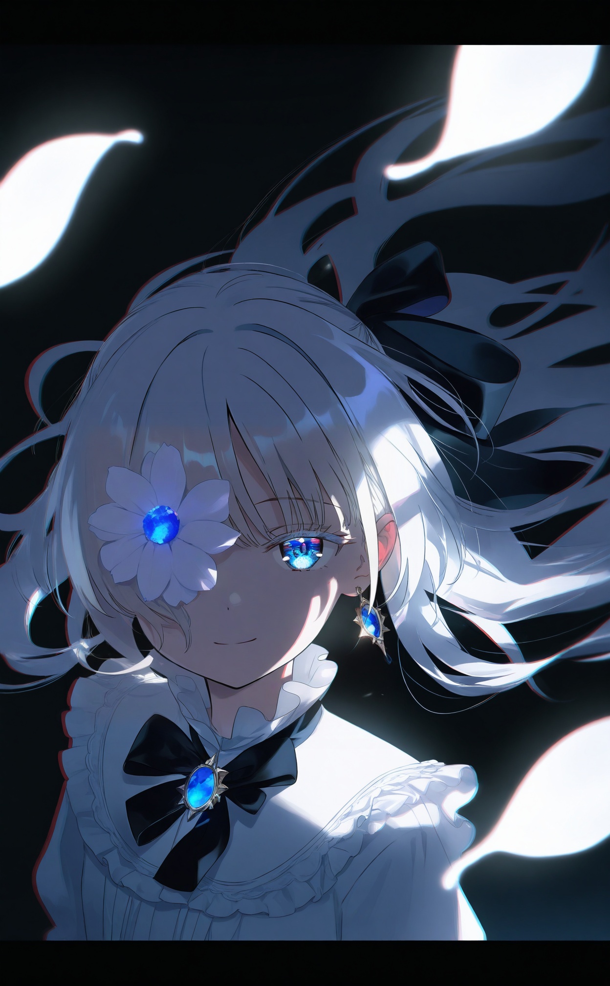 masterpiece,absurdres,best quality,loli,petite,high quality,chromatic_aberration,dark,black theme,//,flower_over_eye,1girl,solo,jewelry,blue_eyes,hair_bow,bow,long_hair,flower,black_bow,white_hair,looking_at_viewer,earrings,white_dress,portrait,blue_gemstone,frills,blue_brooch,white_flower,brooch,gem,dress,neck_ribbon,smile,closed_mouth,one_eye_covered,black_ribbon,ribbon,upper_body,black_bowtie,letterboxed,floating_hair,blurry_background,high_collar,blurry,bowtie,light_smile,frilled_collar,sidelocks,eyelashes,black_background,//,<lora:degrees_25——【CKXL】hans:1>,