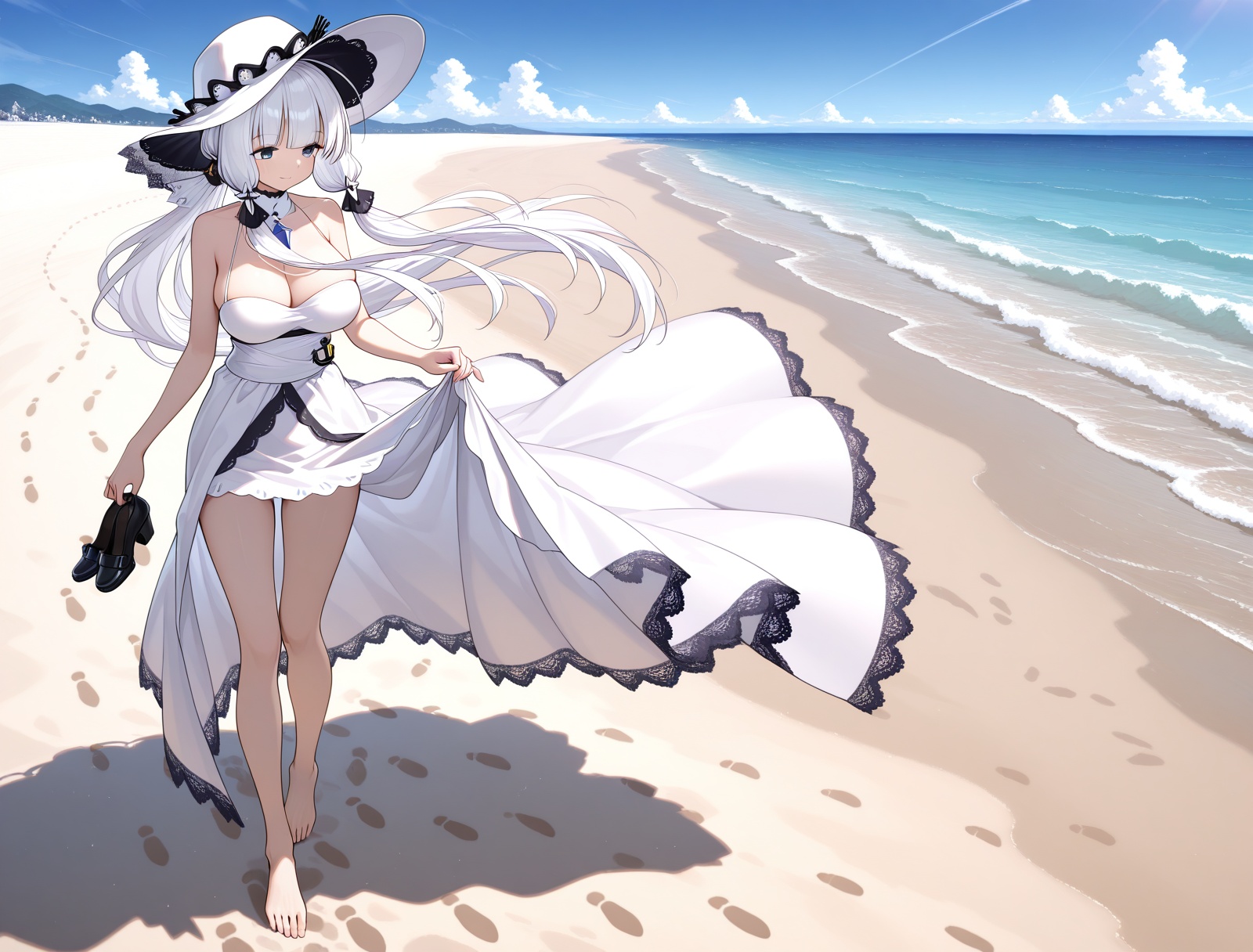 <lora:illustrious_IL_v1.0:1>,illustrious \(azur lane\),barefoot,vanishing point,beach,horizon,holding shoes,dress lift,footprints,, masterpiece,best quality,