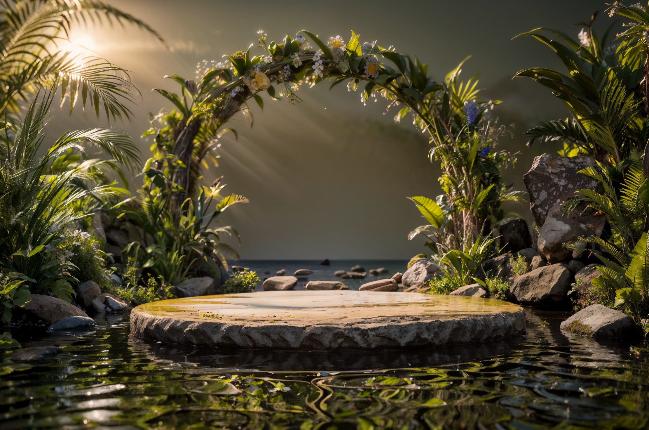 dianshangzhantai,no humans,sky,scenery,(outdoors:1.1),(sunny day:1.2),plant,water,tree,rock,day,palm tree,blue sky,(blue sky:1.2),reflection,yellow flower,flower,<lora:dianshangzhantai_20240411214053-000015:0.8>,suneate,bright environment,, (masterpiece:1.2),(Original:1.1),(super detail:1.1),high quality,best quality,HD,UHD,16k,ccurate,high details, best quality,High Quality,realistic,RAW photo,masterpiece,8k,insane details,High detail,hyperdetailed,