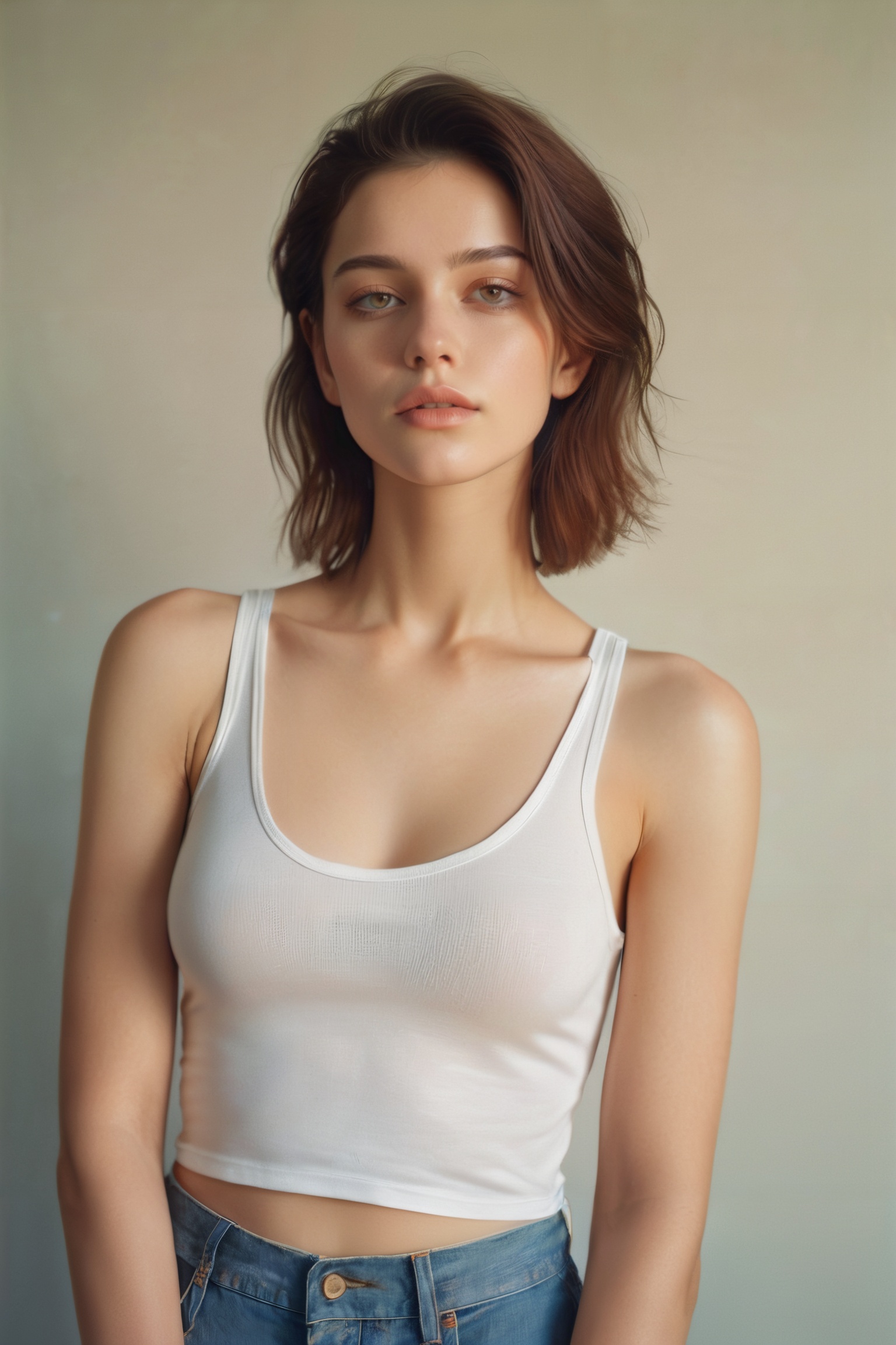 Beautiful woman wearing a tanktop no bra,  analog photograph,  professional fashion photoshoot on Tensor.Art