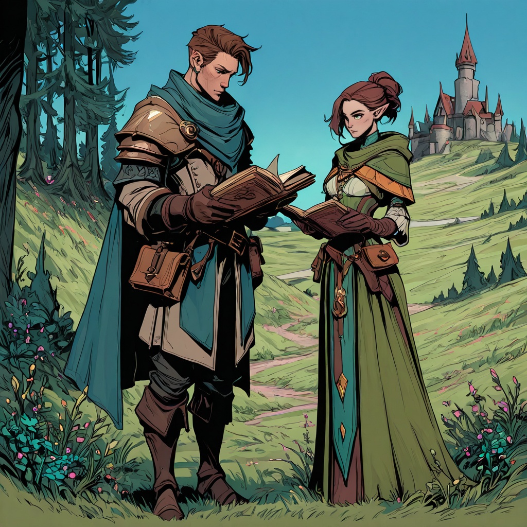D&D Painterly,  The image shows a man and woman standing in front of a castle surrounded by lush green grass vibrant flowe...