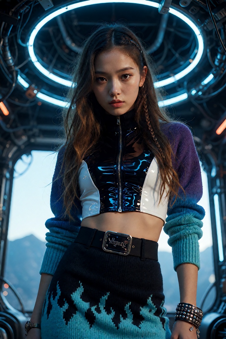 A young East Asian woman,  approximately 20 years old,  stands center-frame under dramatic blue neon backlighting against...