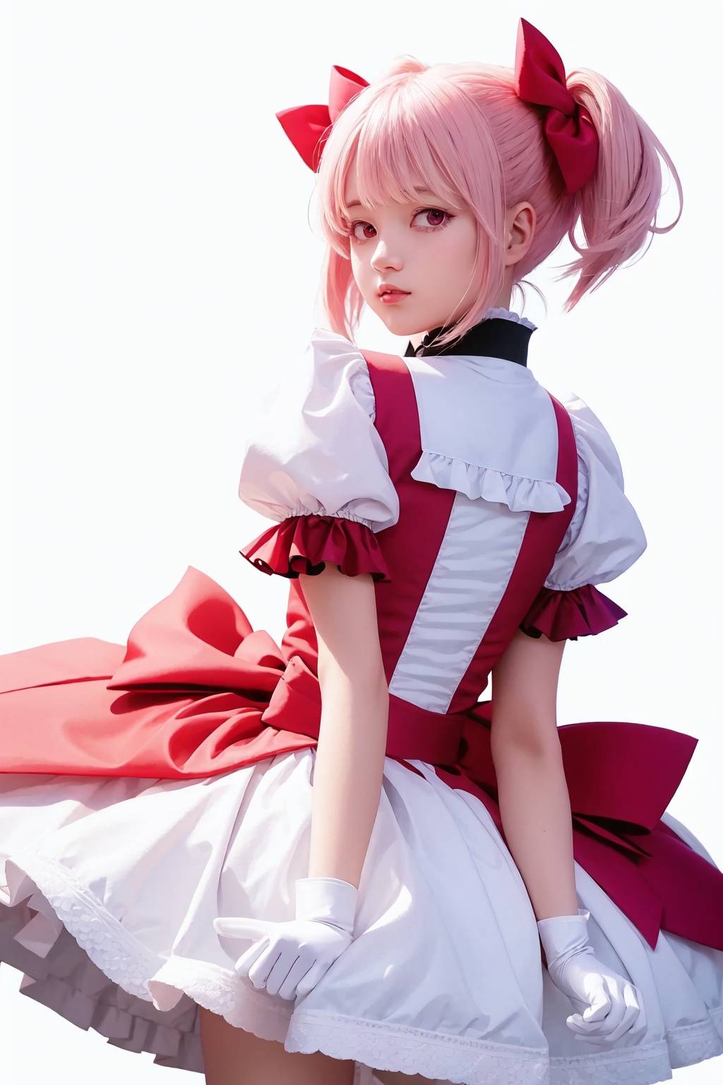 masterpiece,best quality, highly detailed, kaname_madoka,1girl,solo,short_twintails,white_gloves,magical_girl,puffy_short_sleeves,looking_at_viewer,white_background,blush,simple_background,hair_ribbon<lora:kaname_madoka:1>,simple background,white background