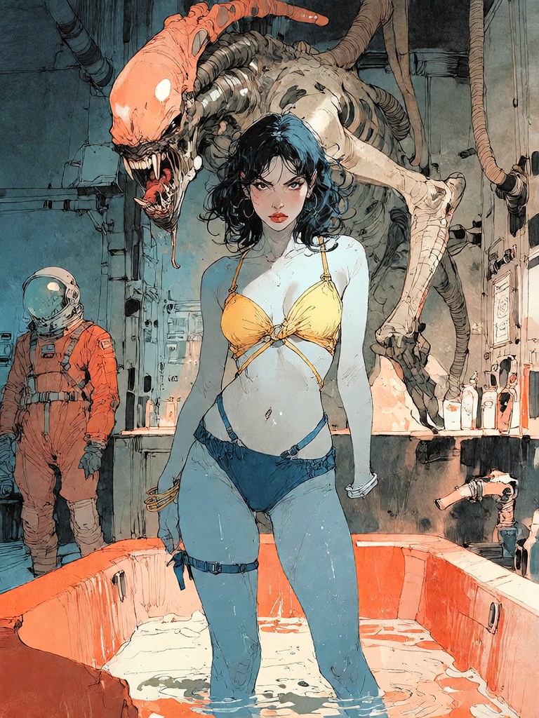 Bradhamel art style. A woman with dark curly hair,  wearing a yellow and blue two-piece swimsuit,  stands confidently in a...