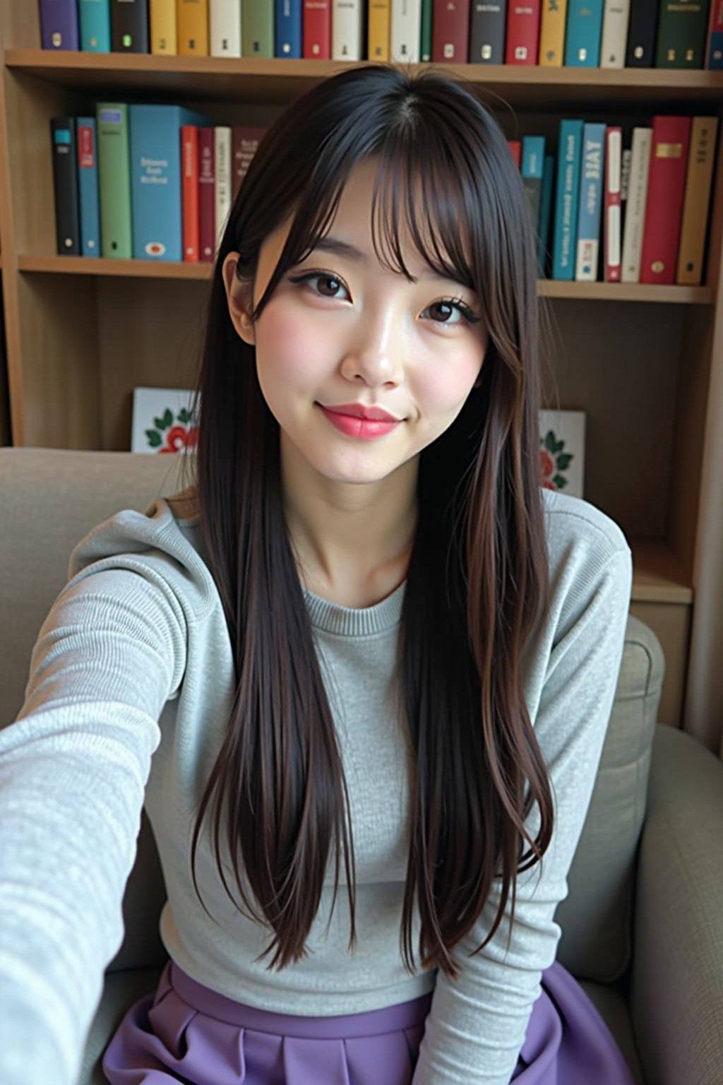 This photograph features an East Asian woman with long,  straight,  dark brown hair and bangs on Tensor.Art