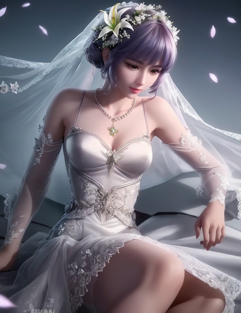 ultra realistic 8k cg, picture-perfect face, flawless, clean, masterpiece, professional artwork, famous artwork, cinematic lighting, cinematic bloom, perfect face, beautiful face, fantasy, dreamlike, unreal, science fiction,   lace, lace trim, lace-trimmed legwear,  (rich:1.4), prestige, luxury, jewelry, diamond, gold, pearl, gem, sapphire, ruby, emerald, intricate detail, delicate pattern, charming, alluring, seductive, erotic, enchanting, hair ornament, necklace, earrings, bracelet, armlet,halo((,1girl, pov,))  ((, 1girl, solo, star_\(symbol\),lily \(flower\),hair flower, wedding dress, jewelry))<lora:DA_BaiChenXiang:0.6>
