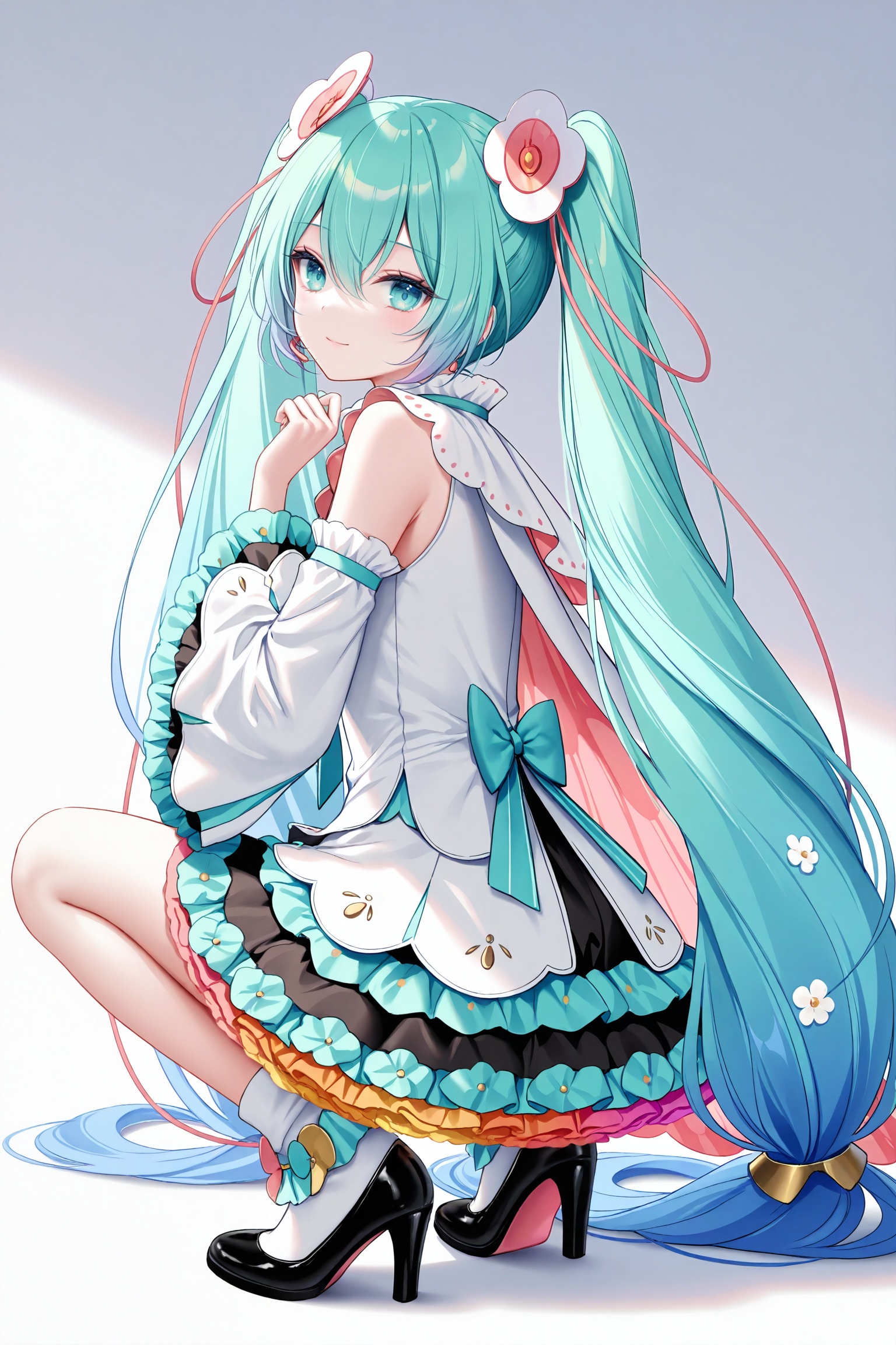 masterpiece,best quality,newest,absurdres,highres,soft shadows,photorealistic,(chen bin:0.5),(hiten \(hitenkei\):0.4),(rimuu:0.5),(mignon:0.5),(sheya:0.6),<lora:MMM2021XLNAI:1>,magical mirai miku \(2021\),white clothes,cape,wide sleeves,frilled skirt,black skirt,hair ornaments,detached sleeves,frilled sleeves,high heels,full body,