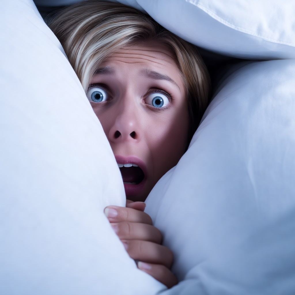 A close-up realistic bedroom scene of a terrified blonde woman hiding beneath large white pillows and a duvet,  peeking ou...