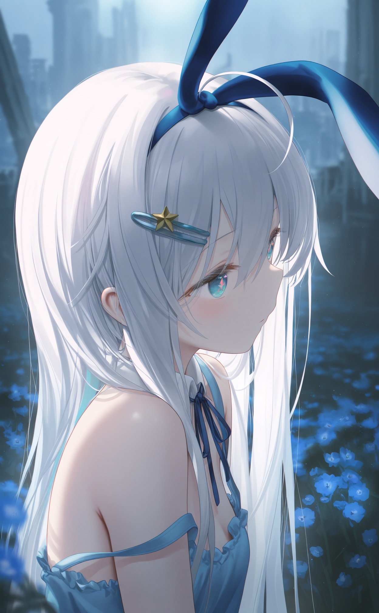 masterpiece,absurdres,best quality,((petite)),loli,high quality,chromatic_aberration,shiny_skin,//,1girl,solo,long hair,upper body,blush,unusual pupils,Flowers,cornflowers,late at night,ruins,blue flowe,flower sea,//,1girl,ahoge,silver hair,gradient eyes,aqua eyes,fair_skin,very long hair,alice_\(alice_in_wonderland\),necklace,petite,long hair,white hair,bangs,blue eyes,medium breasts,hair ornament,ribbon,hair between eyes,fake animal ears,hair ribbon,hairband,hairclip,star \(symbol\),neck ribbon,blue ribbon,star hair ornament,blue hairband,rabbit ears,blue ears,wardrobe_error,strap_slip,//,(Artist chen bin:1.5),(Artist agwing86:1.3),(Artist aki99:0.5),(Artist z282g:0.9),artist:wanke,(artist:ke-ta:0.6),[Artist:wlop],(Artist wsman:0.6),(fkey:0.5),(hiten \(hitenkei\):0.6),omone_hokoma_agm,[[Artist amashiro natsuki]],//,official art,depth of field,high contrast,colorful,detailed light,light leaks,beautiful detailed glow,best shadow,shiny skin,cinematic lighting,ray tracing,best quality,amazing quality,very aesthetic,absurdres,beast quality,masterpiece,ultra detailed,newest,8K,HDR,